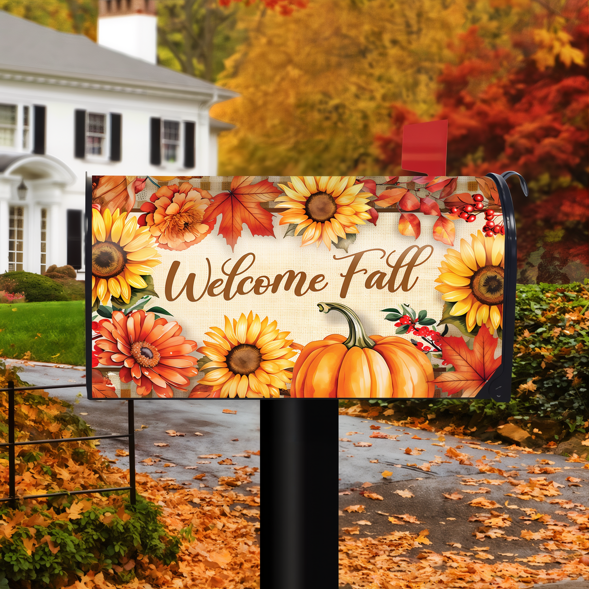 Briarwood Lane Welcome Fall Flowers Mailbox Cover -- mailbox cover displayed outdoors