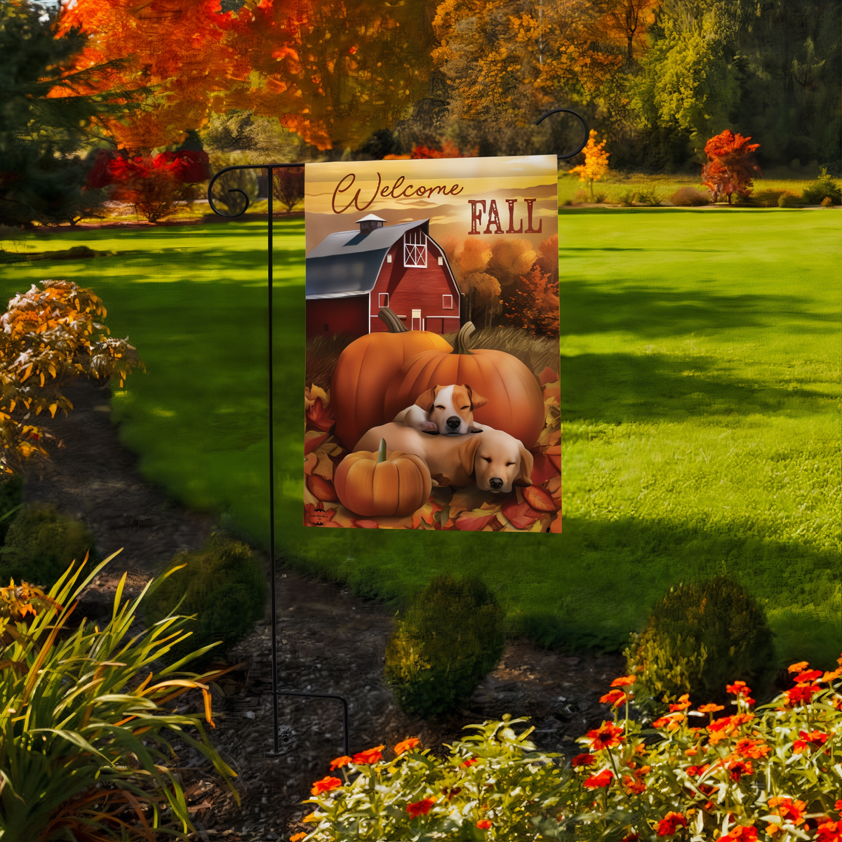 Briarwood Lane Welcome Fall Puppies Garden Flag -- garden flag displayed outdoors