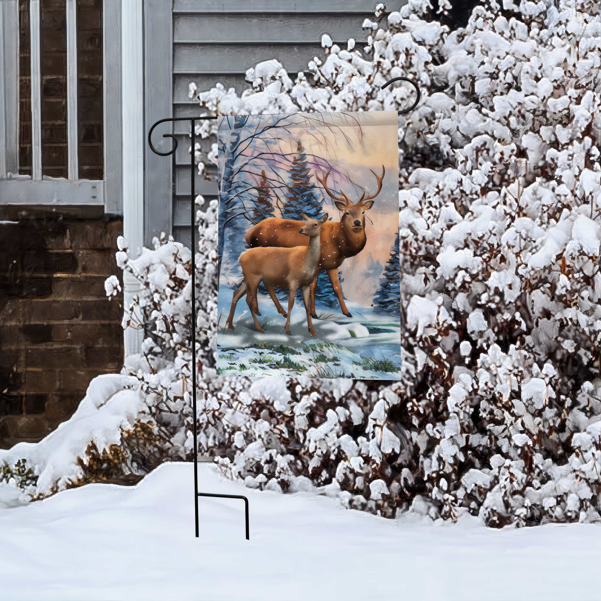 Briarwood Lane Winter Deer Scene Garden Flag -- detail view