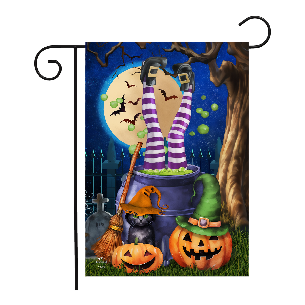 Briarwood Lane Witches Brew Garden Flag -- garden flag shown on a garden flag stand