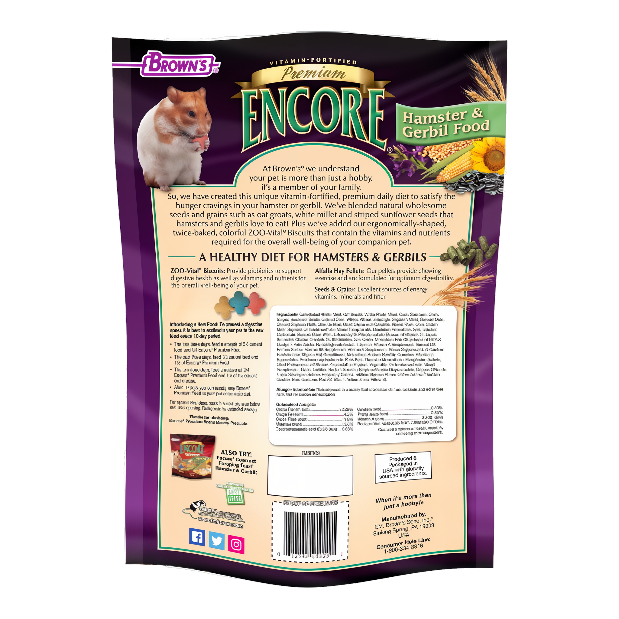 Back of the Encore Premium Hamster & Gerbil Food packaging with feeding directions