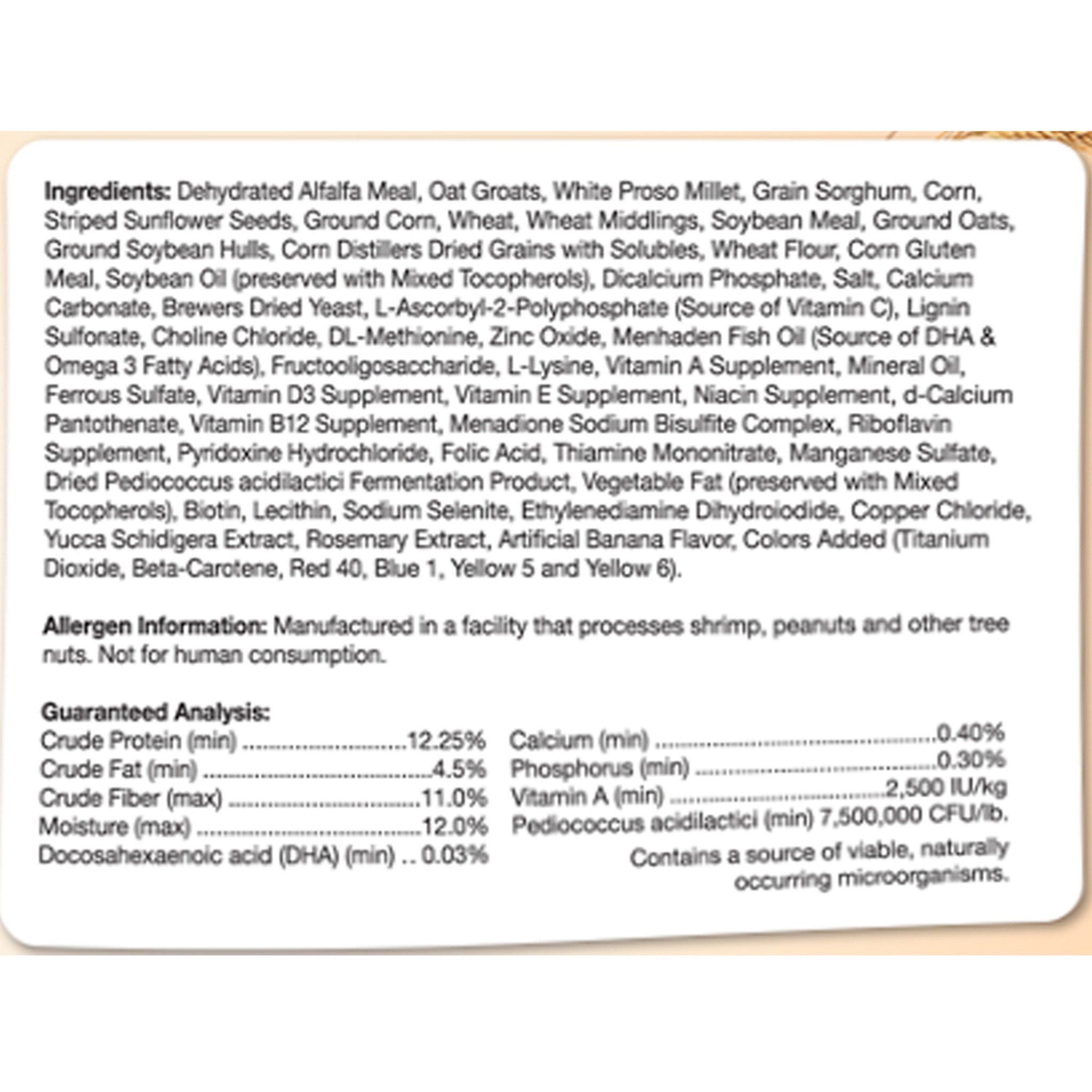 Encore Premium Hamster & Gerbil Food ingredients and guaranteed analysis panel