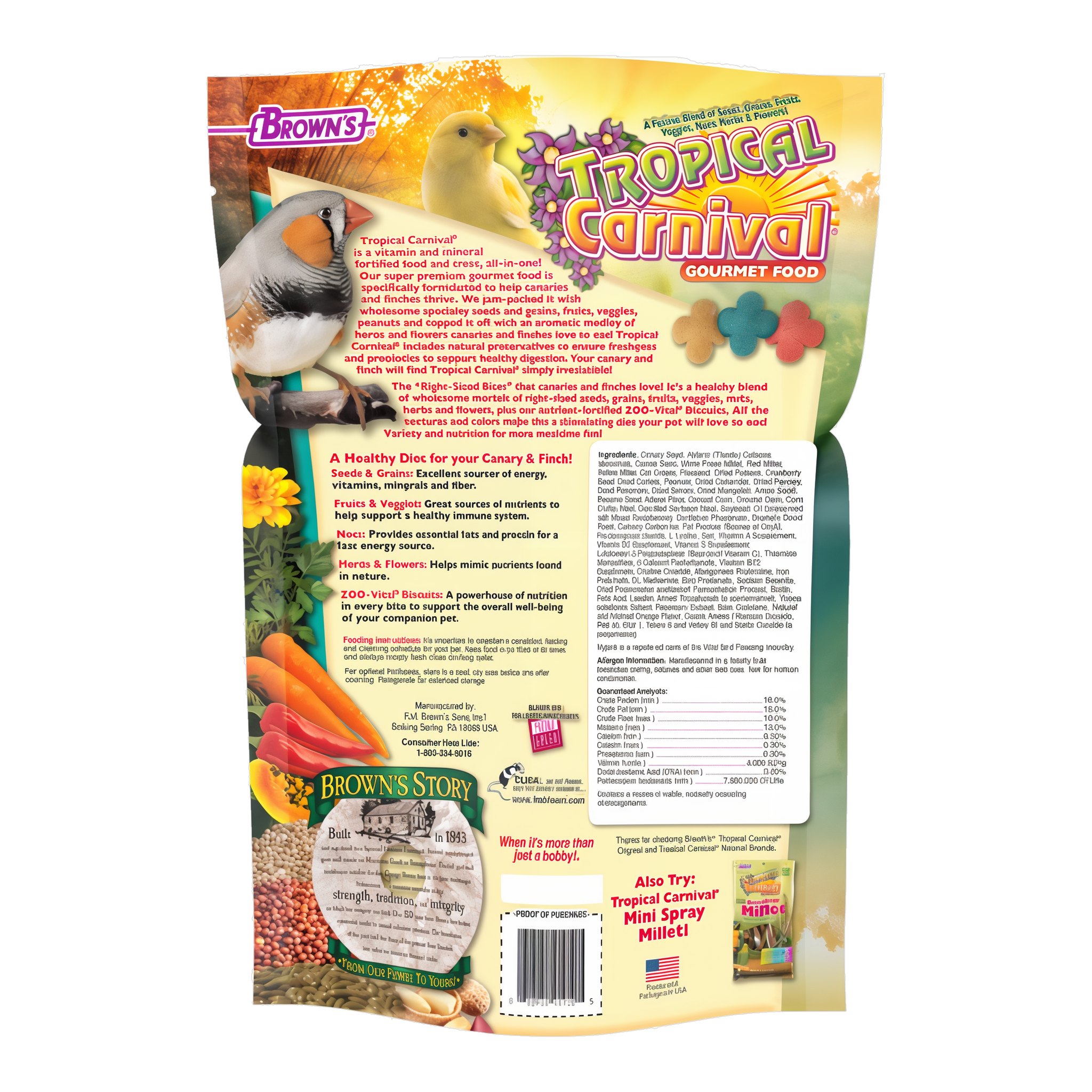 Back of the Tropical Carnival Canary & Finch Food packaging with feeding directions
