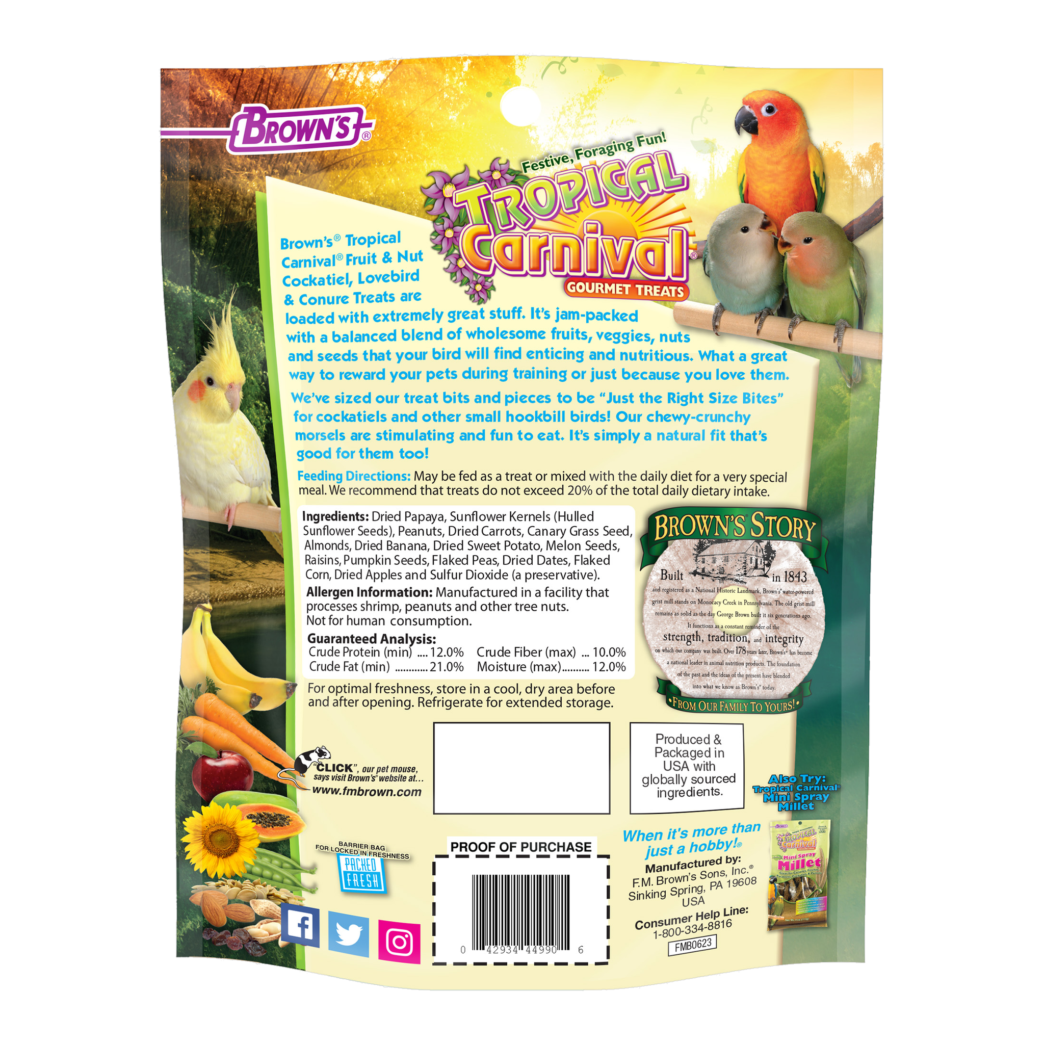 Back of the Tropical Carnival Fruit & Nut Cockatiel, Conure & Lovebird Treat packaging with feeding directions