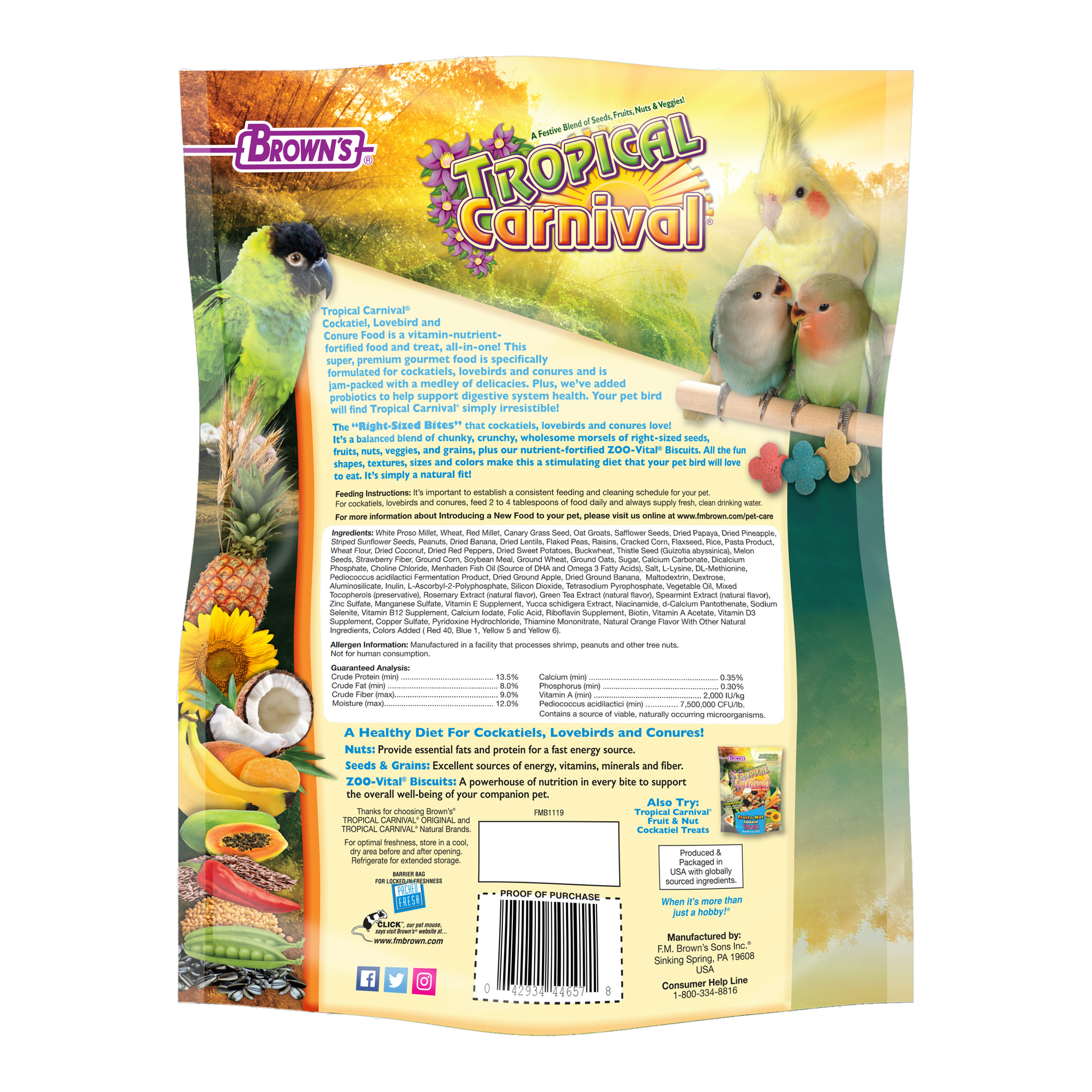 Back of the Tropical Carnival Gourmet Cockatiel, Lovebird & Conure Food packaging with feeding directions