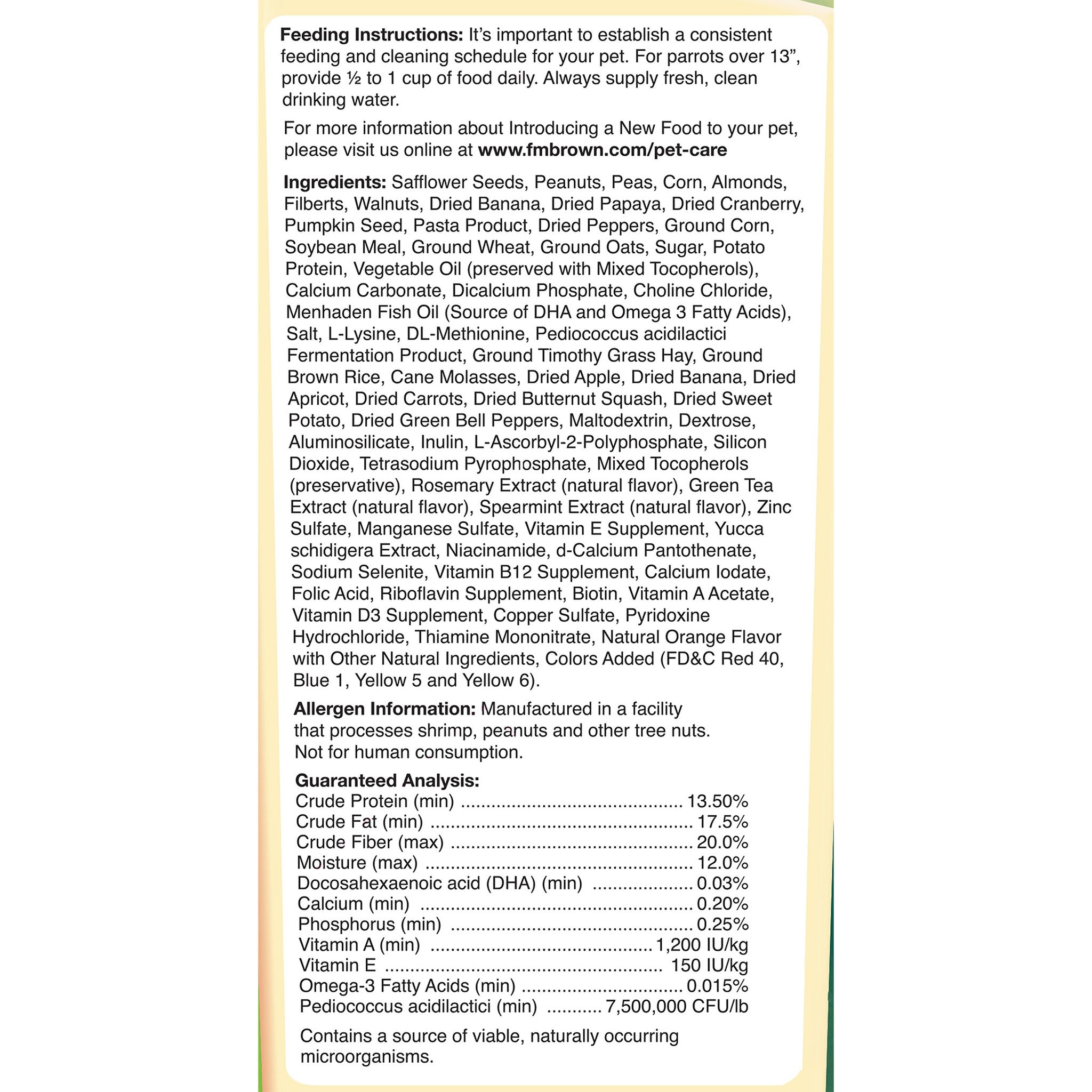 Tropical Carnival Gourmet Large Hookbill Food ingredients and guaranteed analysis panel