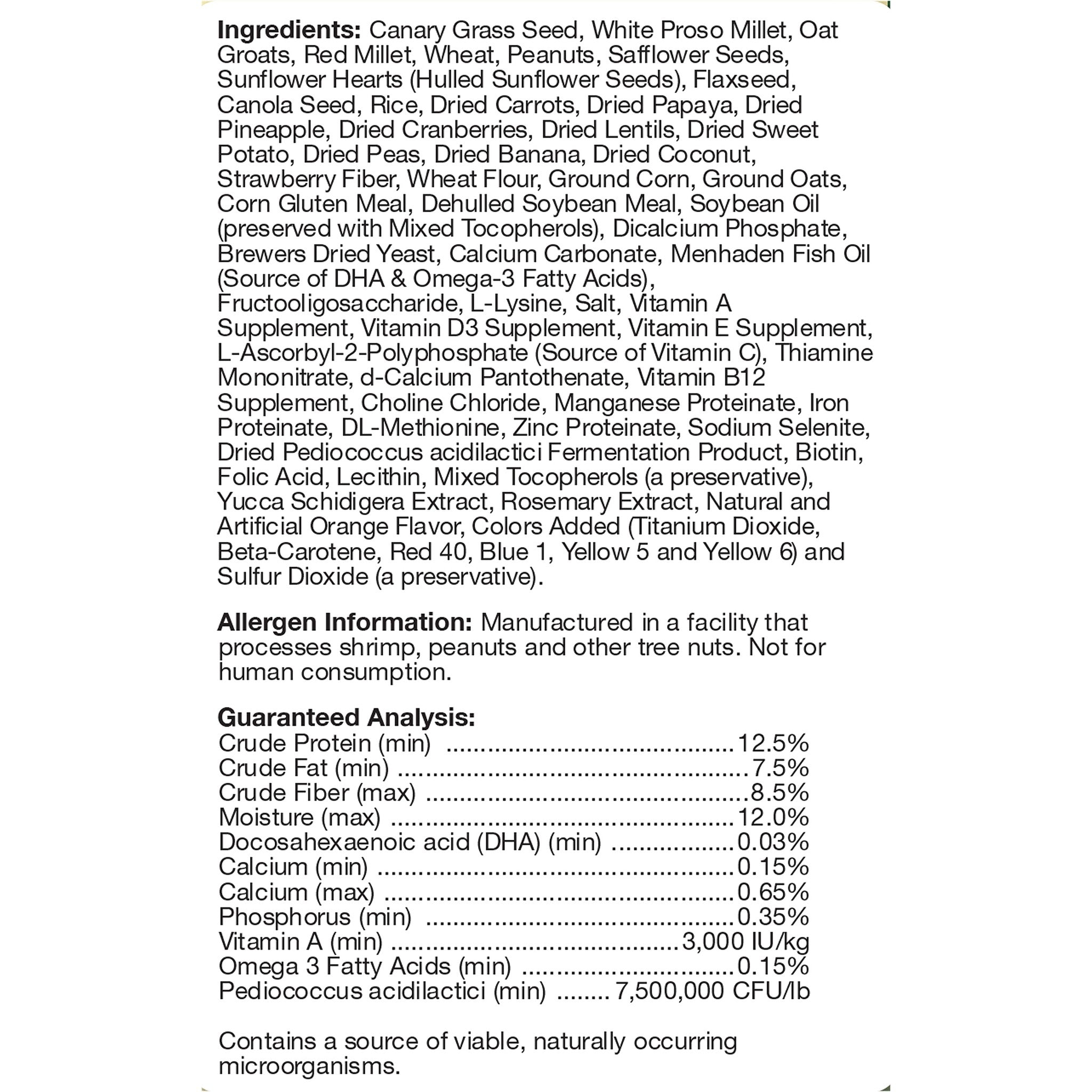 Tropical Carnival Gourmet Parakeet Food ingredients and guaranteed analysis panel