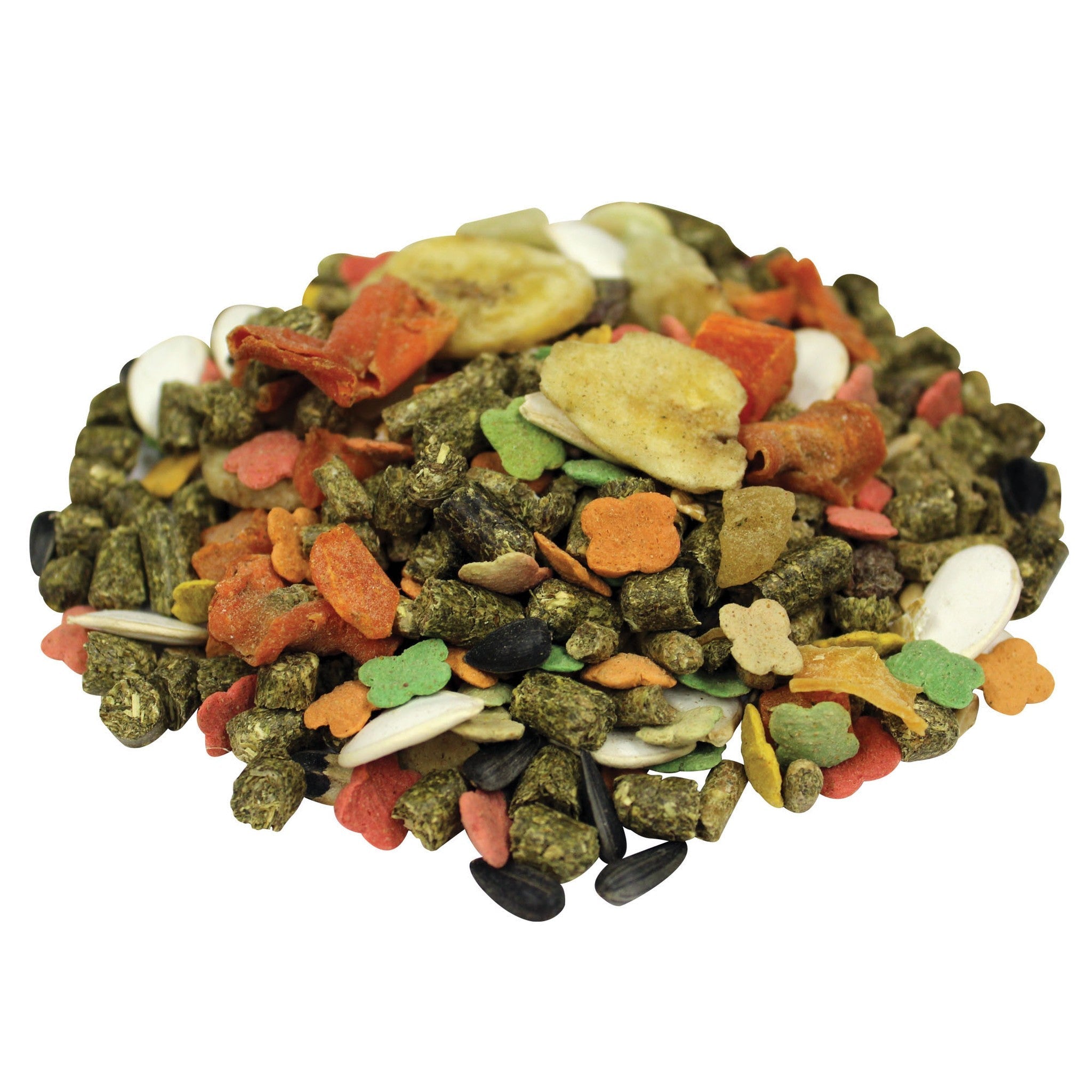 Closeup of the Tropical Carnival medley of pellets, fruits, veggies, seeds, and biscuits