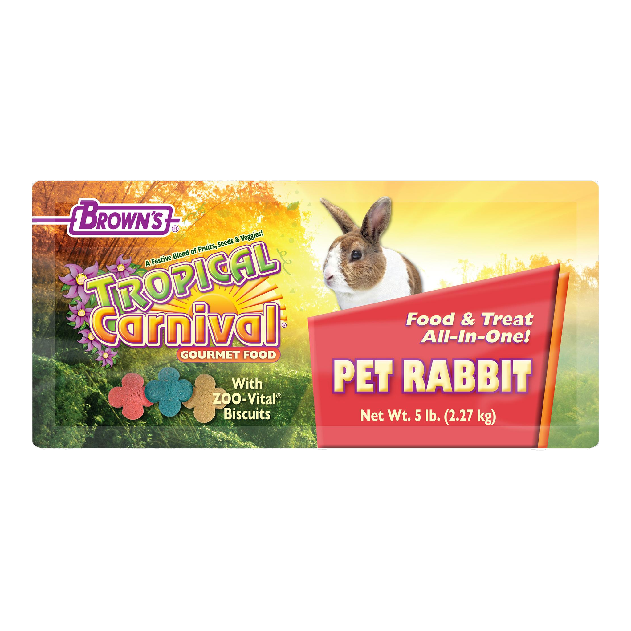 Tropical Carnival Pet Rabbit Food label with ZOO-Vital biscuits callout