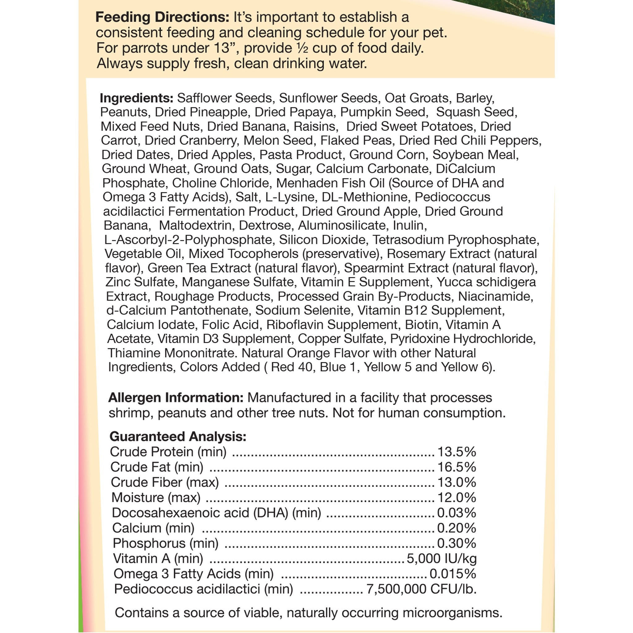 Tropical Carnival Gourmet Small Hookbill Food ingredients and guaranteed analysis panel