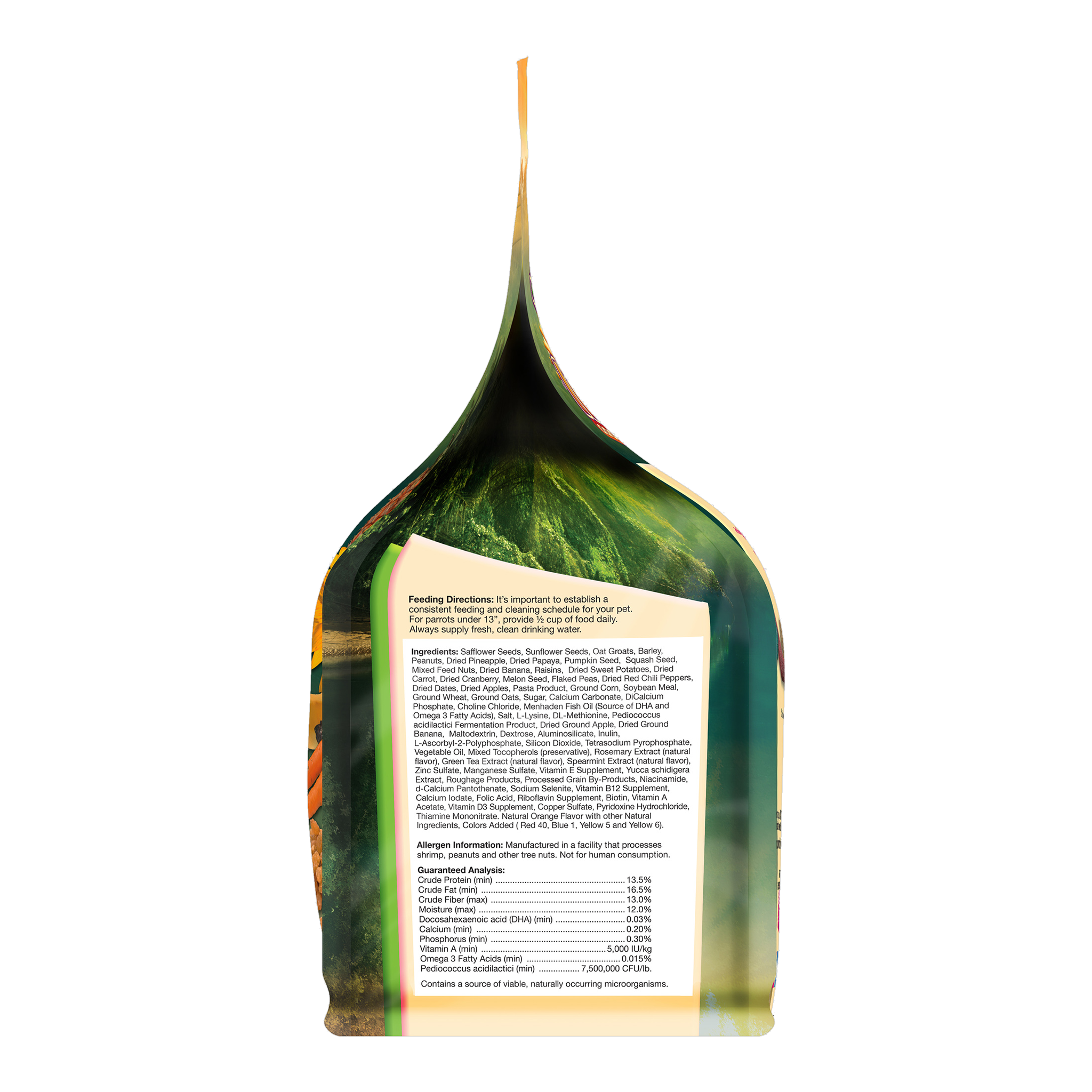 Side panel of the Tropical Carnival Gourmet Small Hookbill Food packaging, reverse