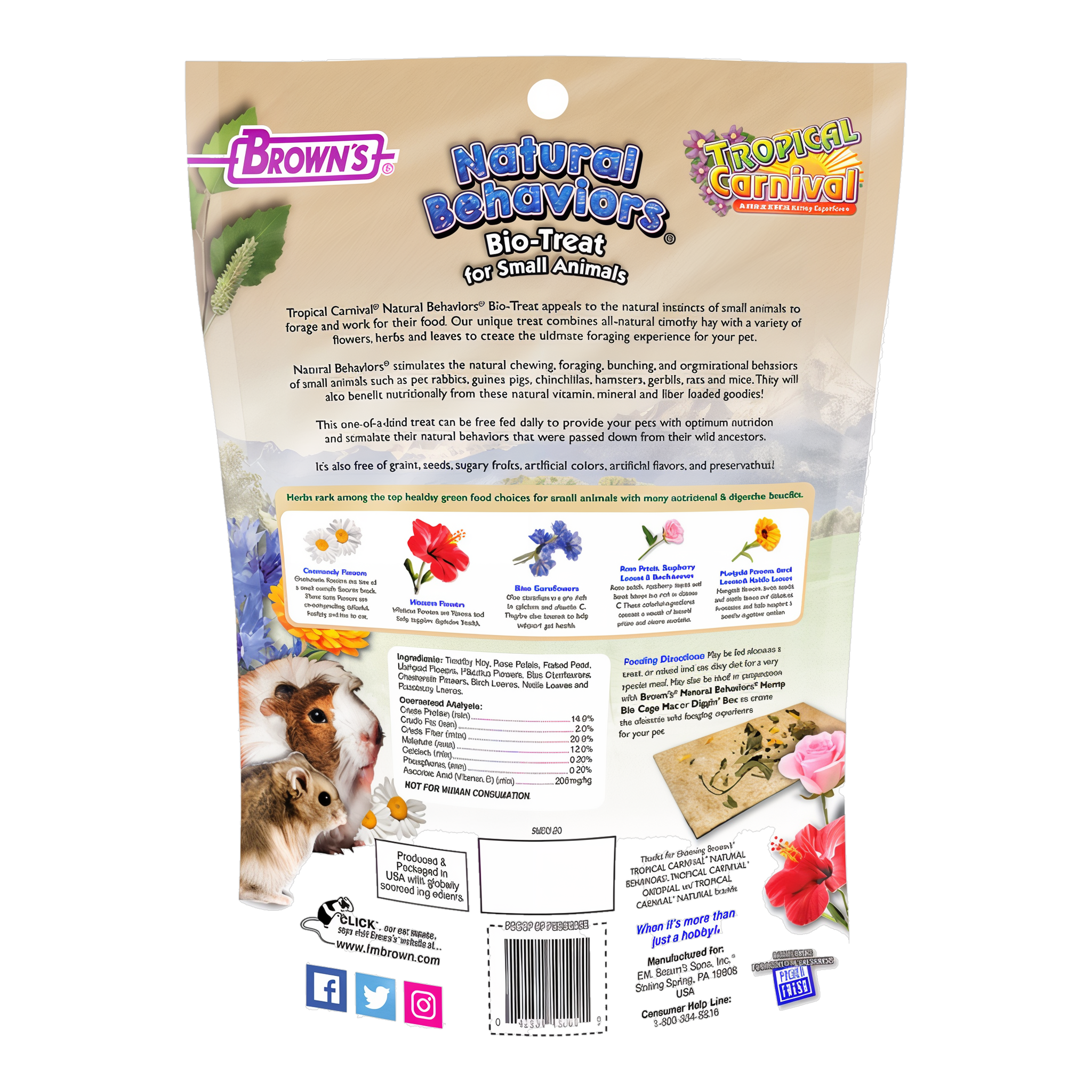 Back of the Tropical Carnival Natural Behaviors Bio-Treat for Small Animals packaging with feeding directions