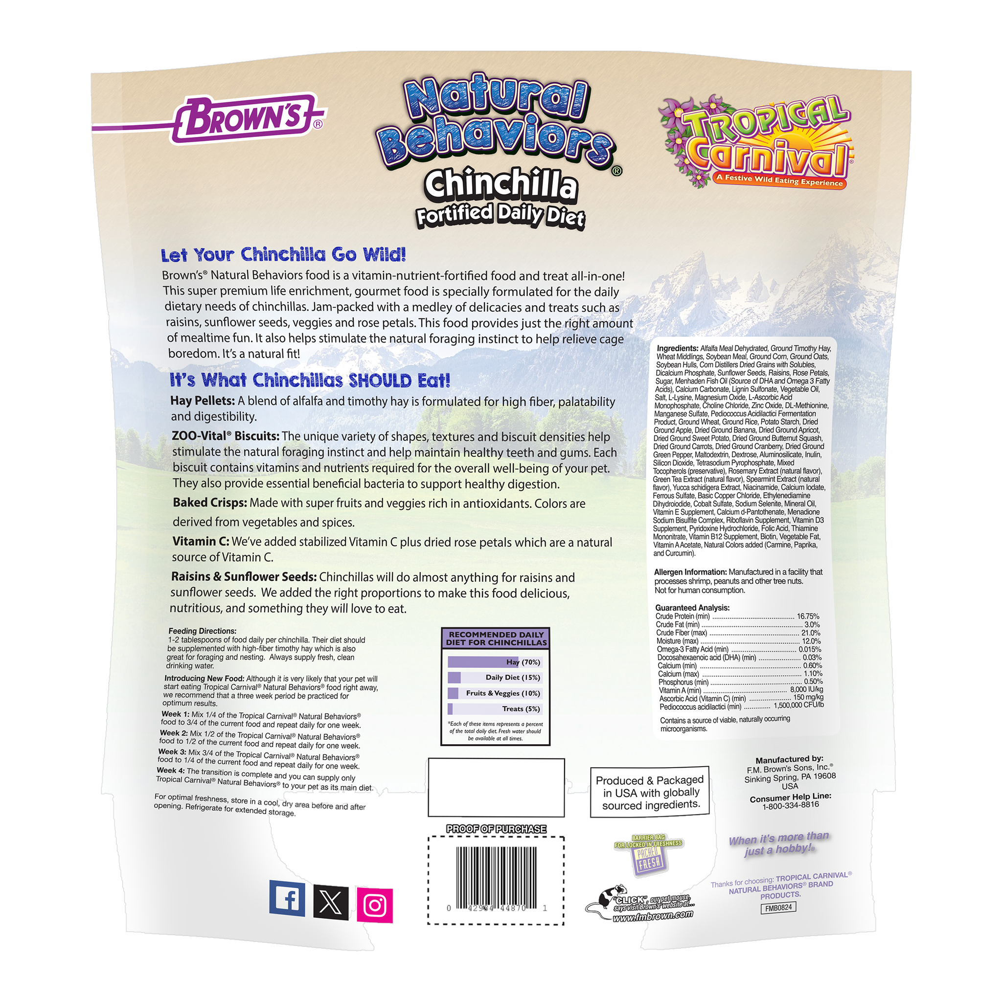 Back of the Tropical Carnival Natural Behaviors Chinchilla Fortified Daily Diet packaging with feeding directions