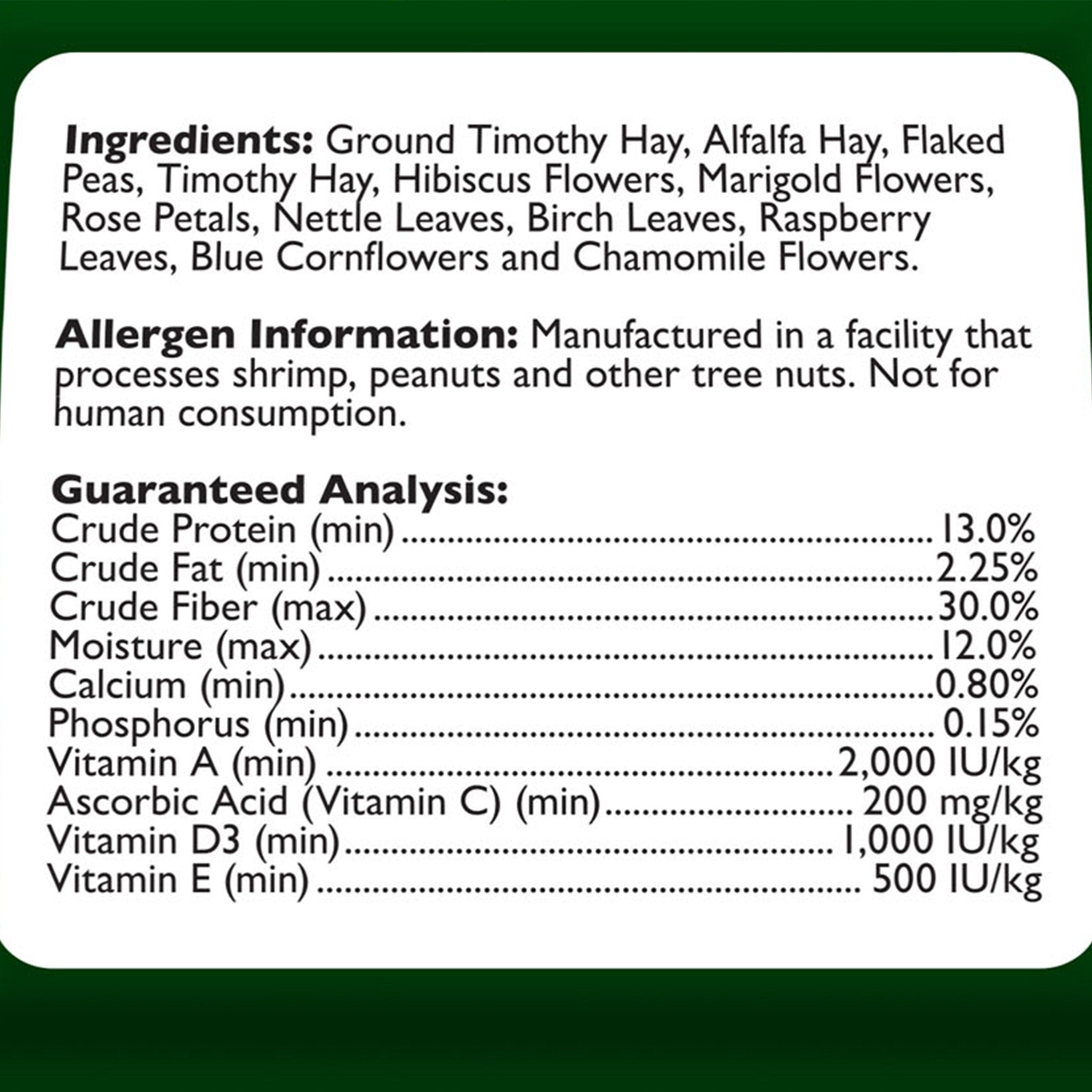 Tropical Carnival Natural Behaviors Guinea Pig Grain-Free Daily Diet ingredients and guaranteed analysis panel