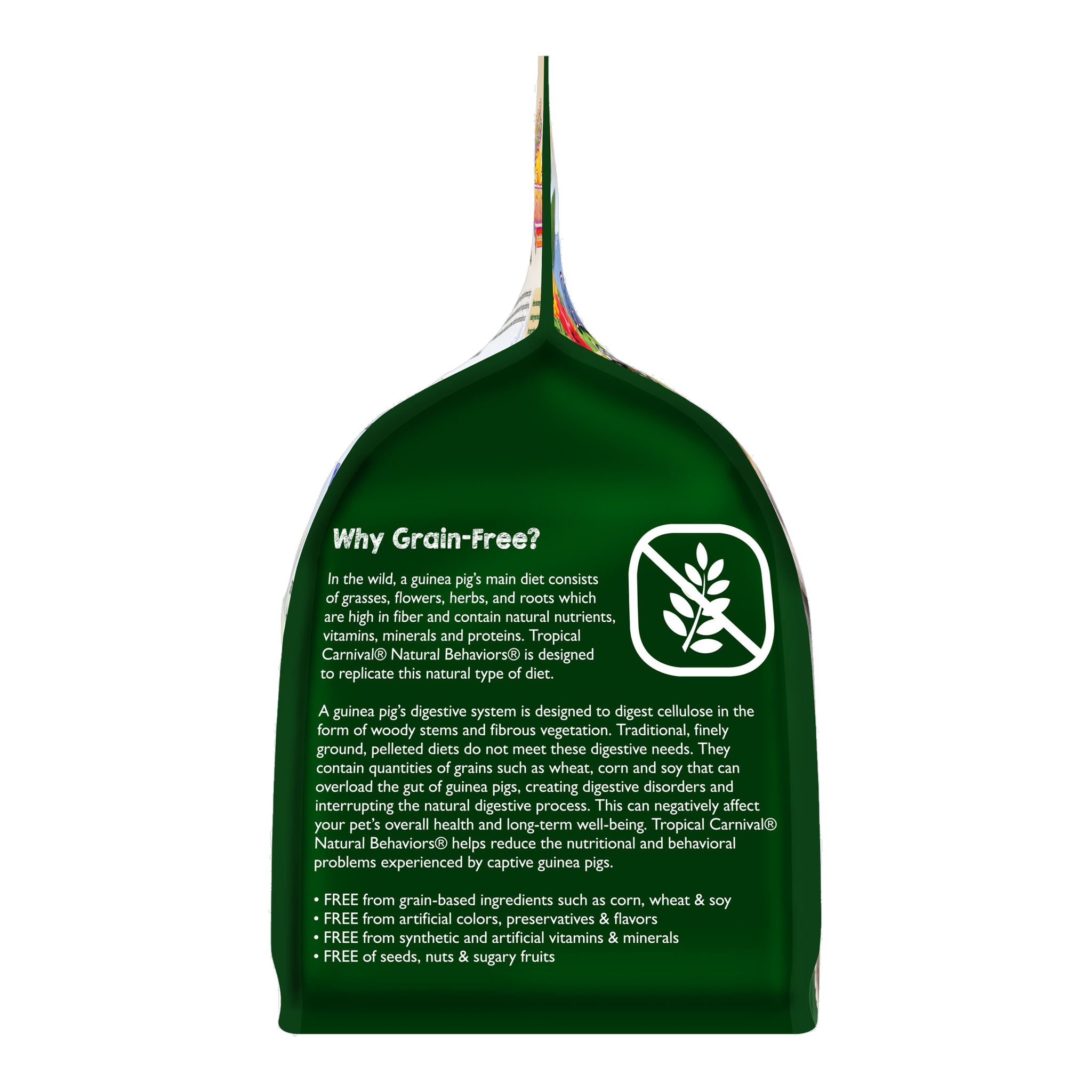 Side panel of the Tropical Carnival Natural Behaviors Guinea Pig Grain-Free Daily Diet packaging