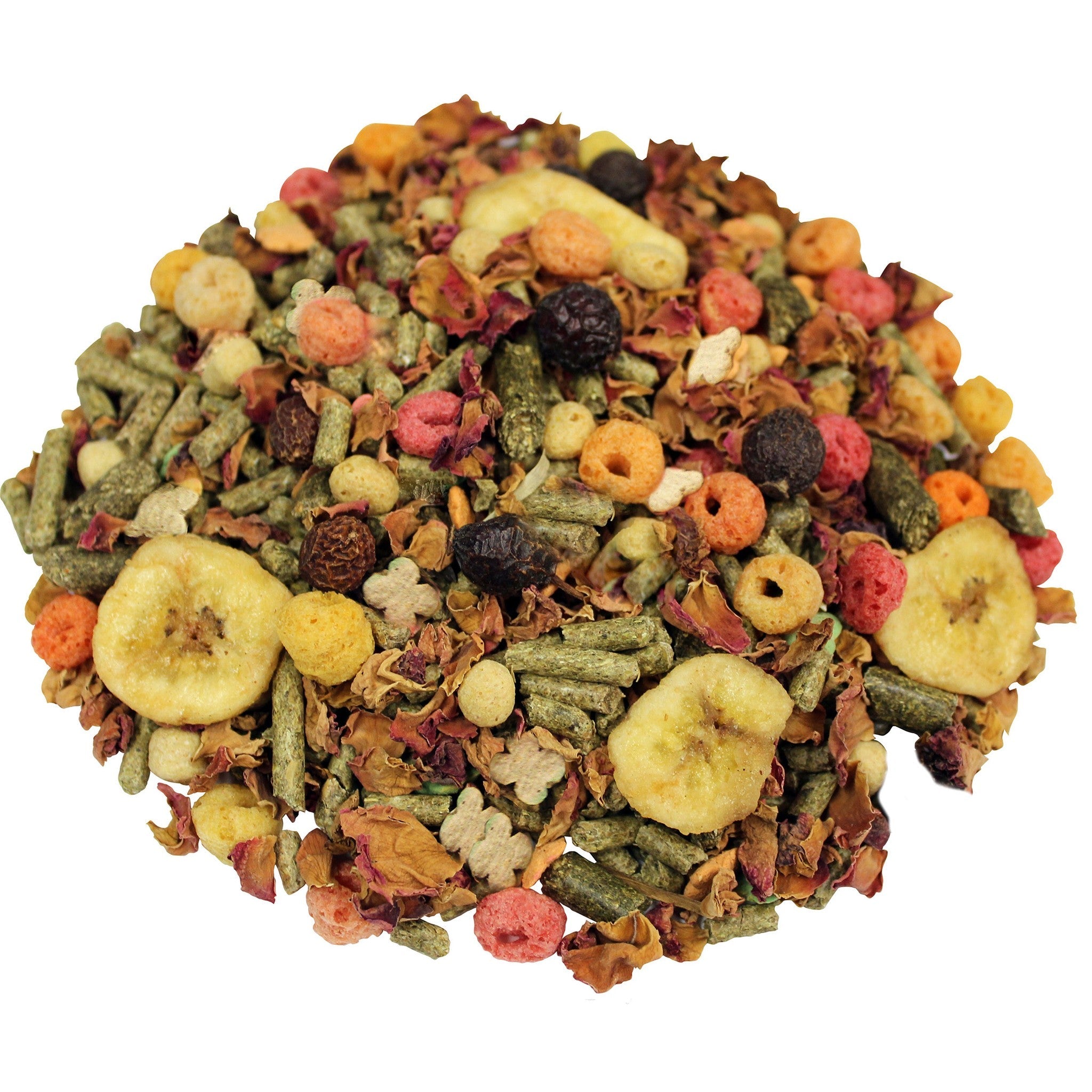 Closeup of the Natural Guinea Pig Daily Diet blend with hay pellets, biscuits, and baked crisps