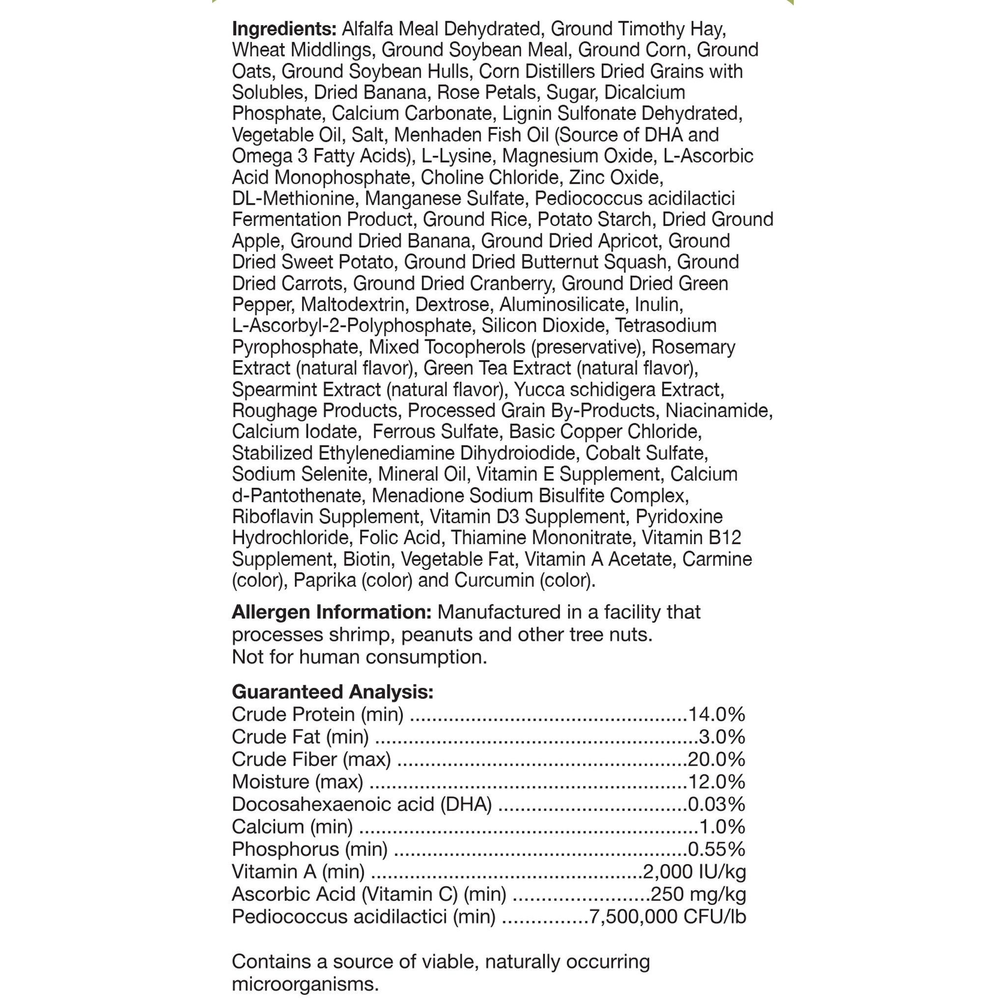 Natural Guinea Pig Fortified Daily Diet ingredients and guaranteed analysis panel