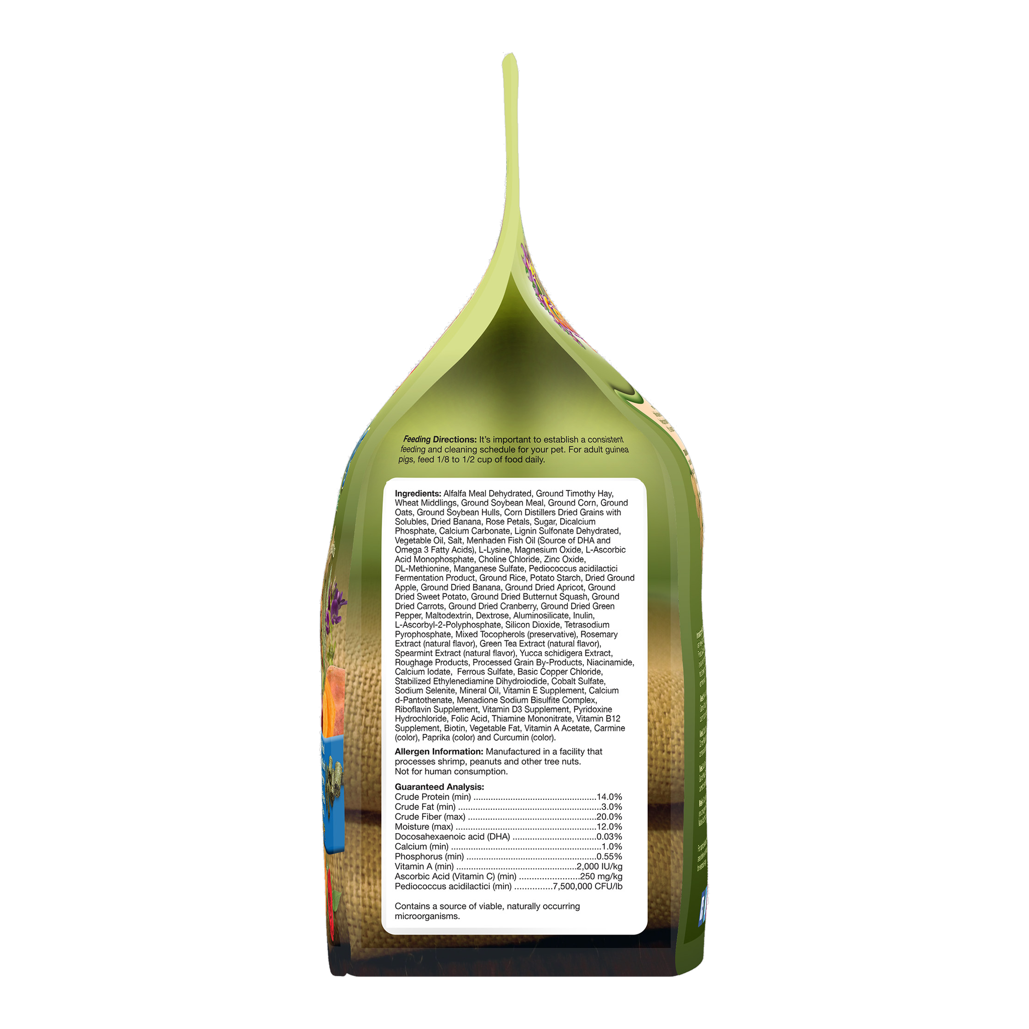 Ingredient side panel of the Natural Guinea Pig Fortified Daily Diet packaging