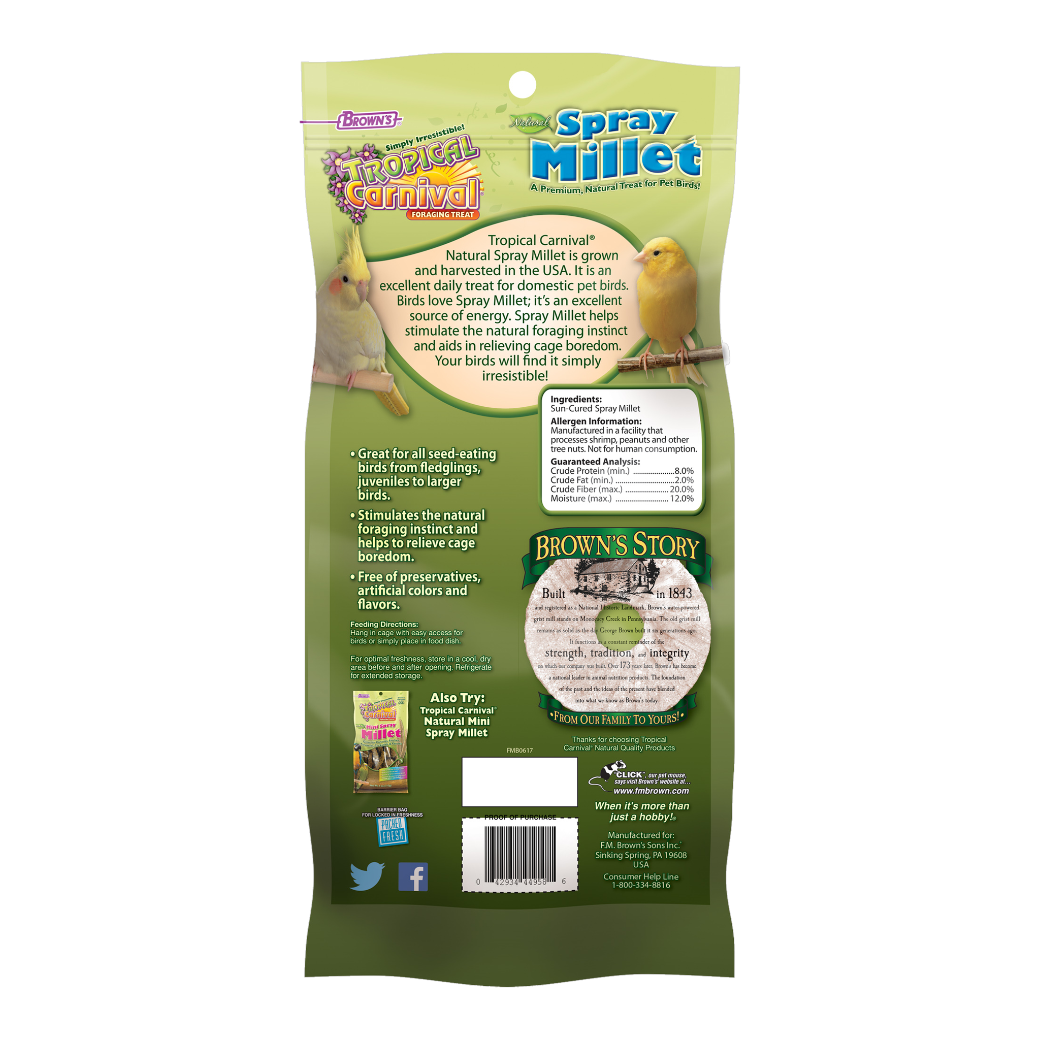 Back of the Tropical Carnival Natural Spray Millet packaging with feeding directions