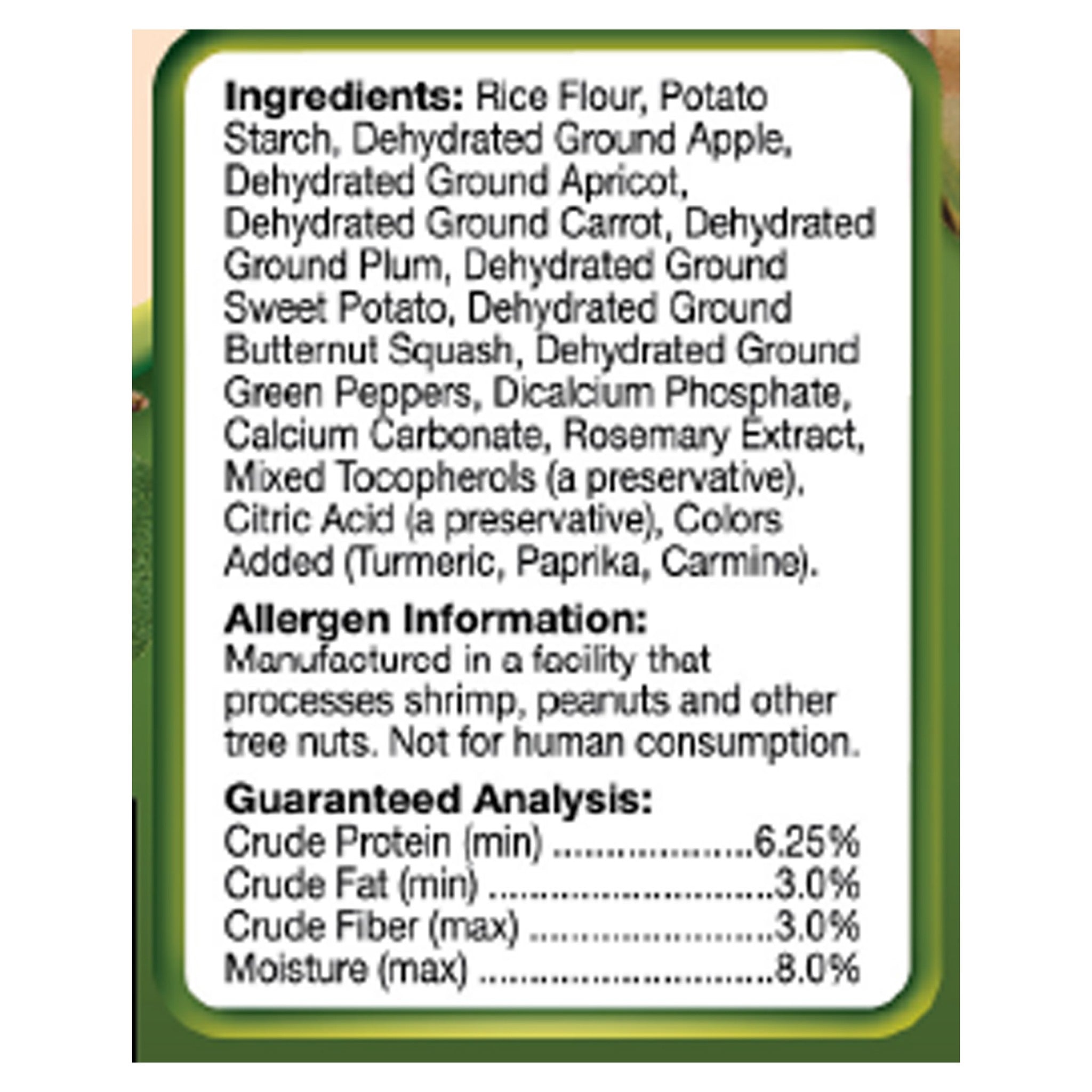 Tropical Carnival Natural Tasty Crisps for Pet Birds ingredients and guaranteed analysis panel