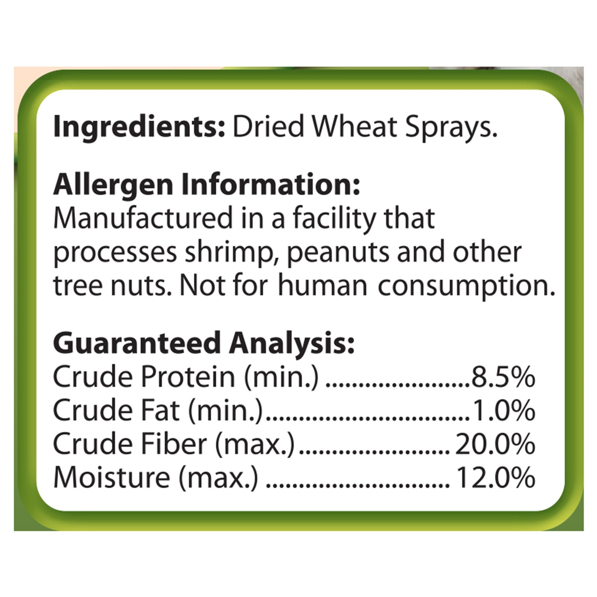 Tropical Carnival Natural Wheat Sprays ingredients and guaranteed analysis panel