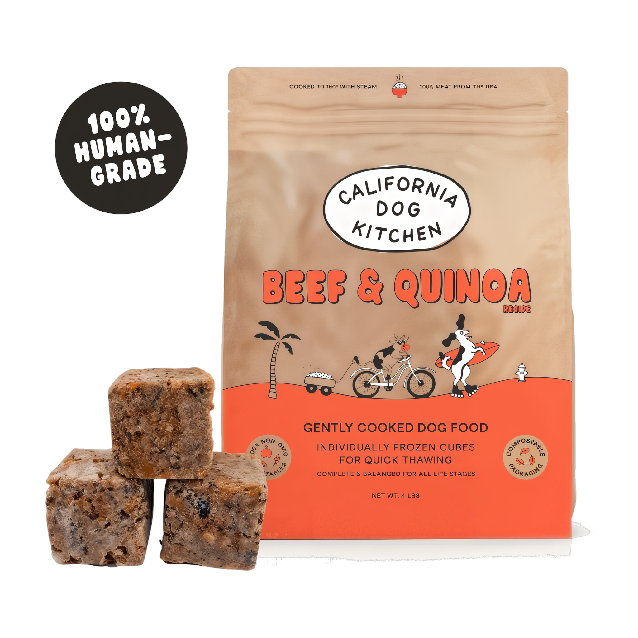 California Dog Kitchen Beef and Quinoa Gently Cooked Dog Food 4 lb bag with human-grade frozen cubes