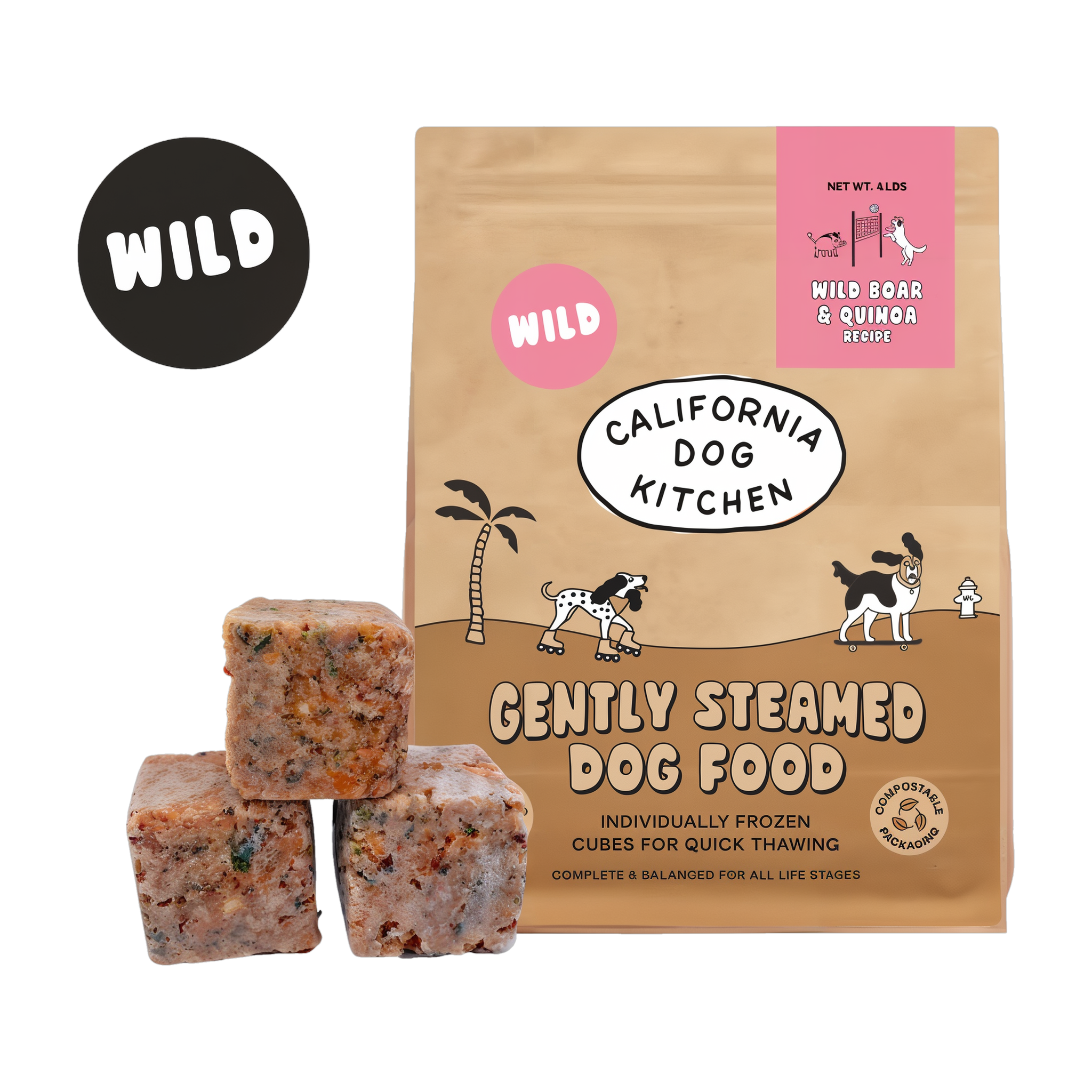 California Dog Kitchen Wild Boar and Quinoa Gently Cooked Dog Food 4 lb bag with frozen cubes, novel wild boar protein