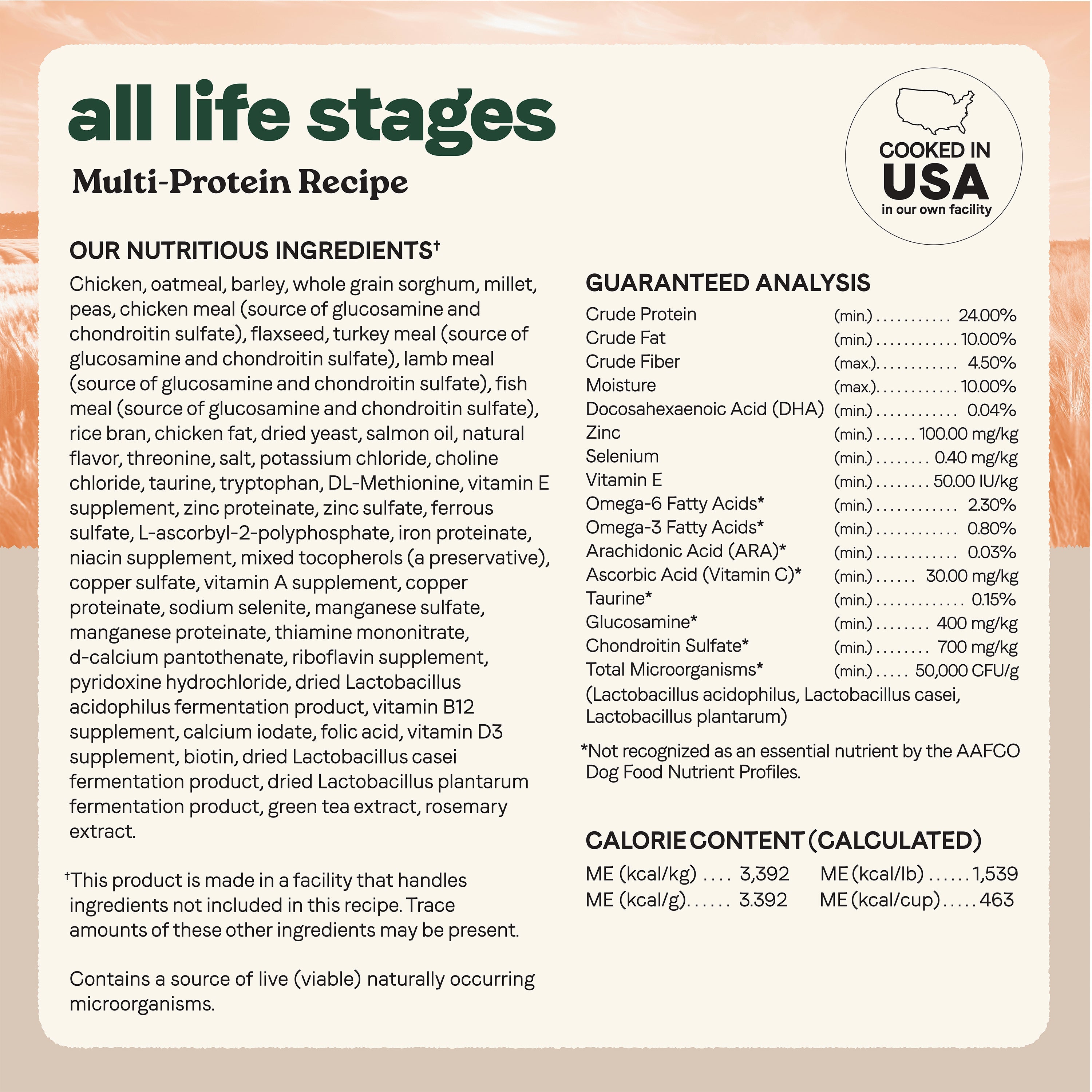 Canidae All Life Stages Multi-Protein ingredients, guaranteed analysis and calorie content, cooked in the USA