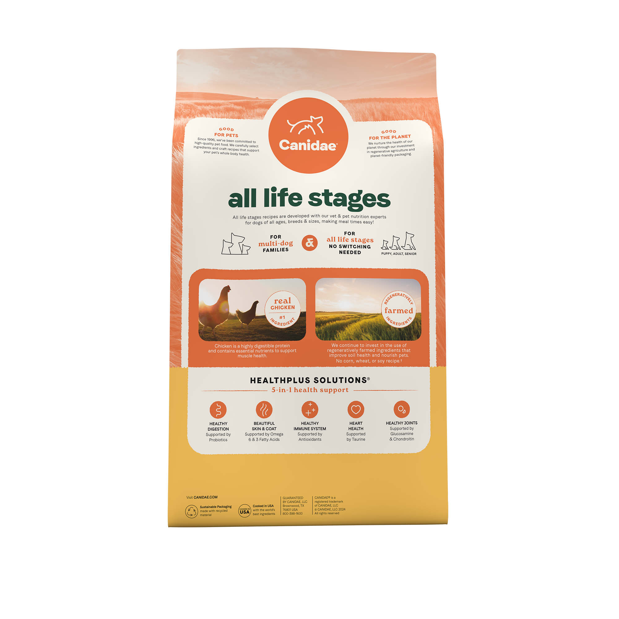 Back of the Canidae All Life Stages Real Chicken & Ancient Grains bag showing HealthPlus Solutions benefits, ingredients and guaranteed analysis
