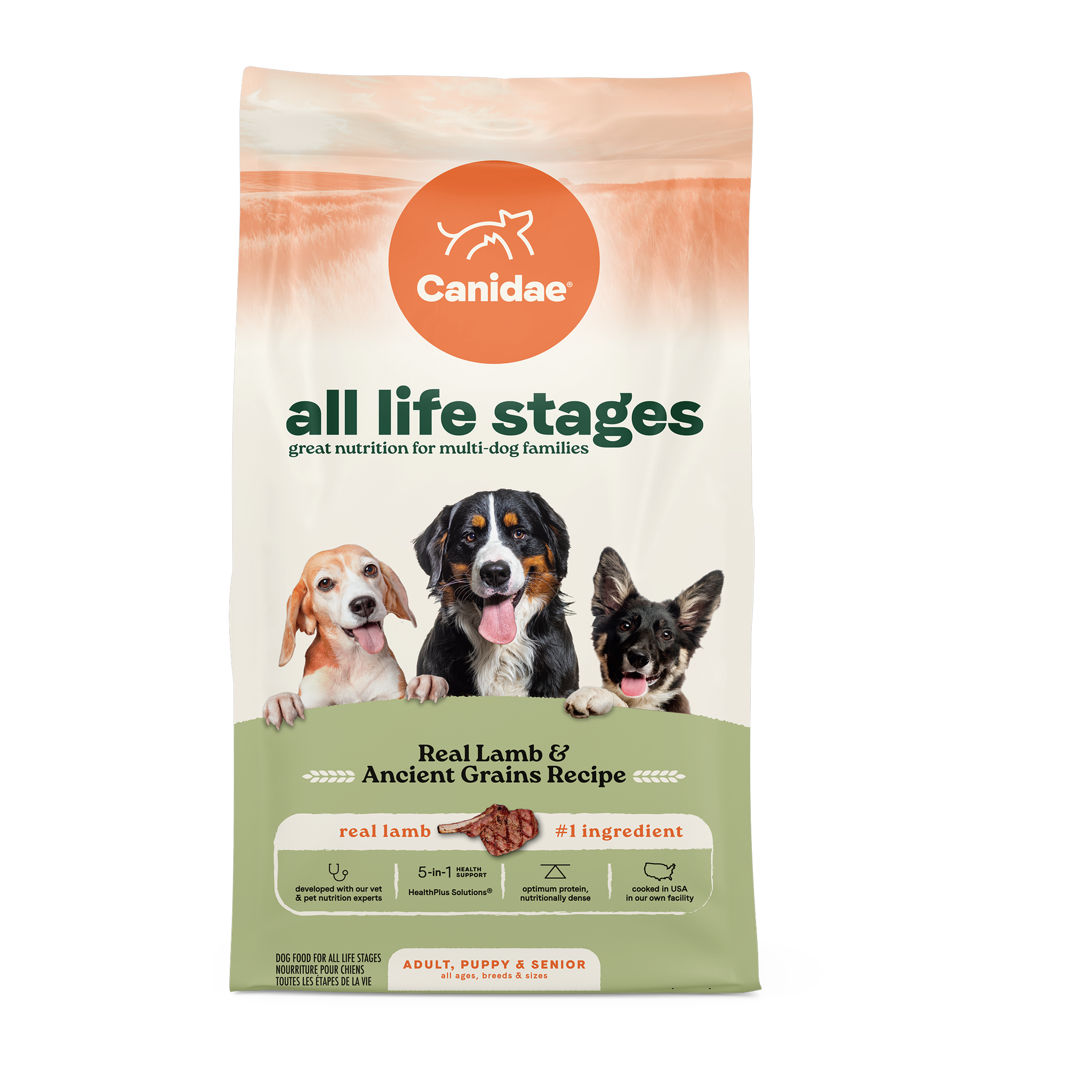Canidae All Life Stages Real Lamb & Ancient Grains Recipe dry dog food, front of the 27 lb bag with real lamb first