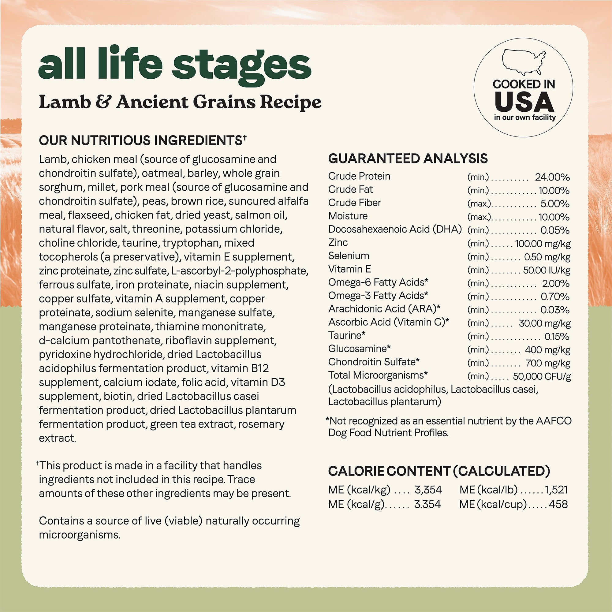 Canidae All Life Stages Lamb & Ancient Grains ingredients, guaranteed analysis and calorie content, cooked in the USA