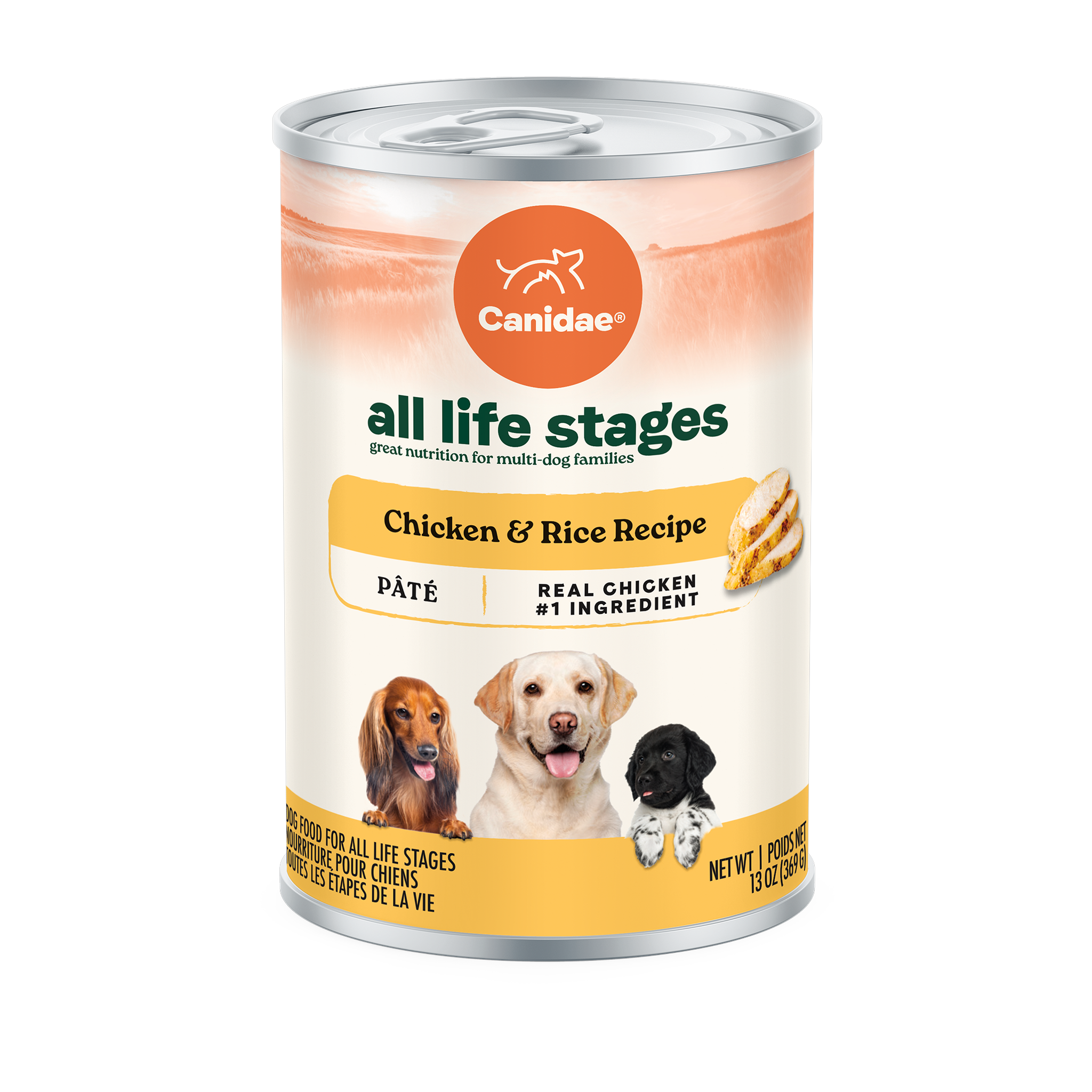Canidae All Life Stages Chicken and Rice pate dog food, front of the 13 oz can with real chicken