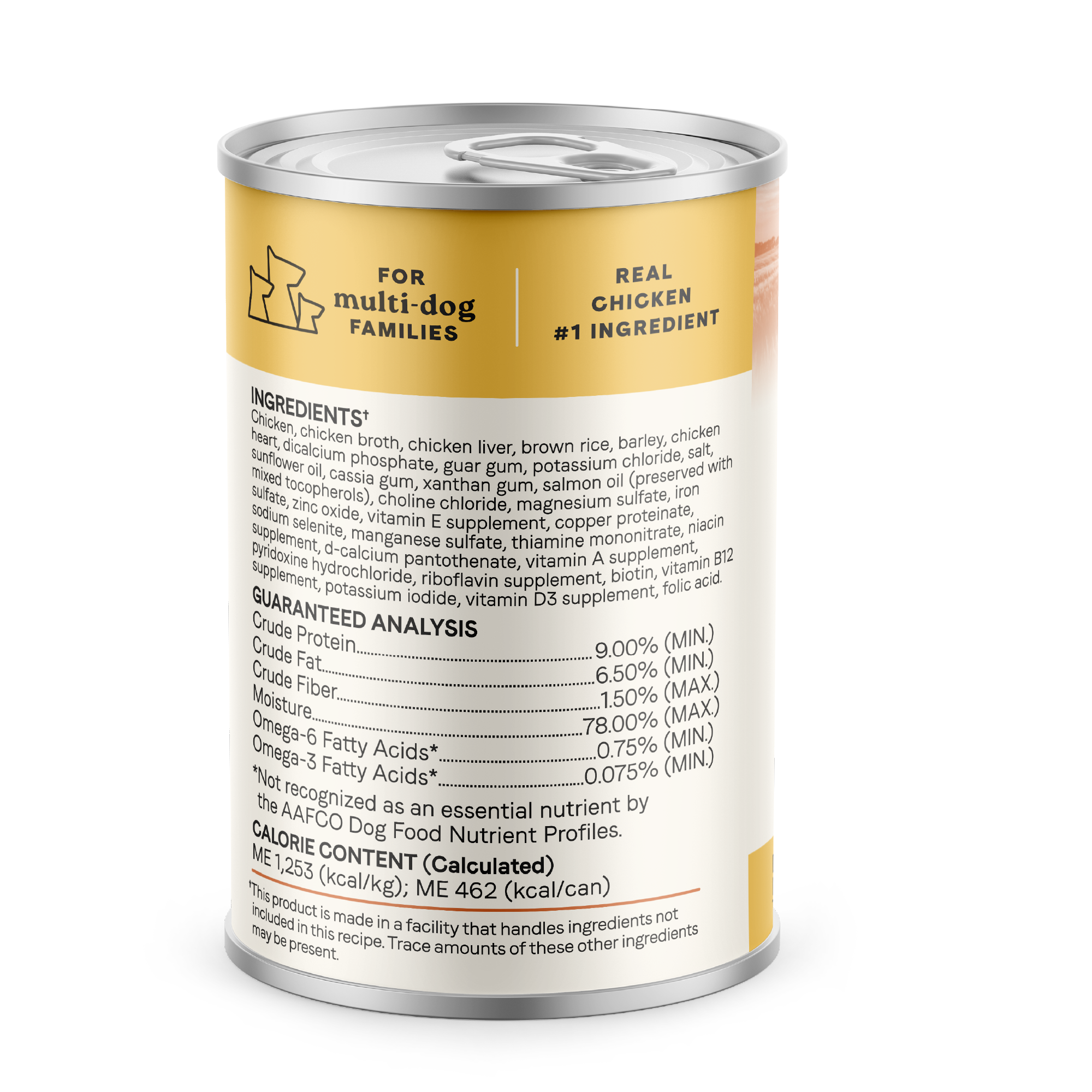 Back of the Canidae All Life Stages Chicken and Rice can showing ingredients, guaranteed analysis and calorie content
