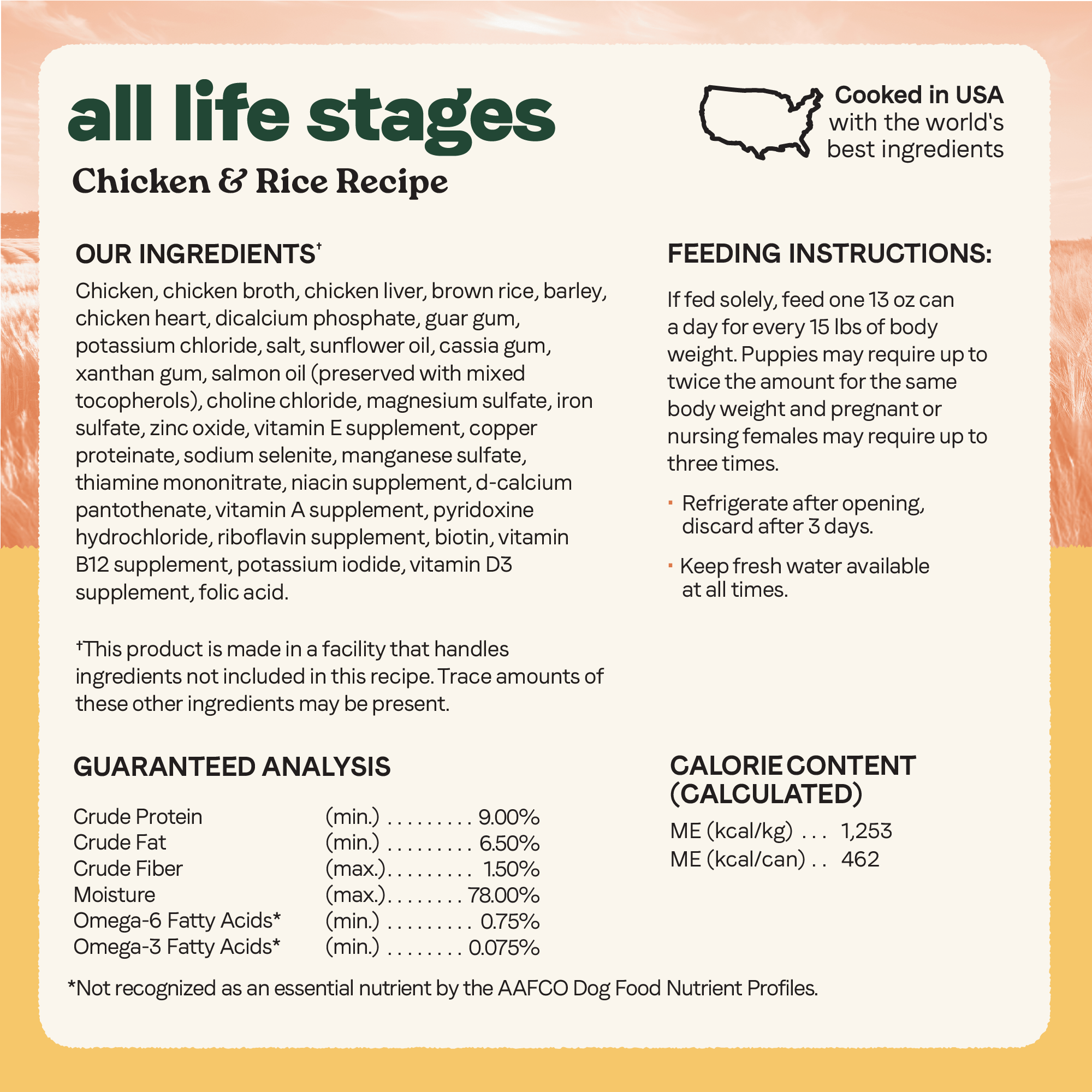 Canidae All Life Stages Chicken and Rice ingredients, feeding guide and guaranteed analysis, cooked in the USA
