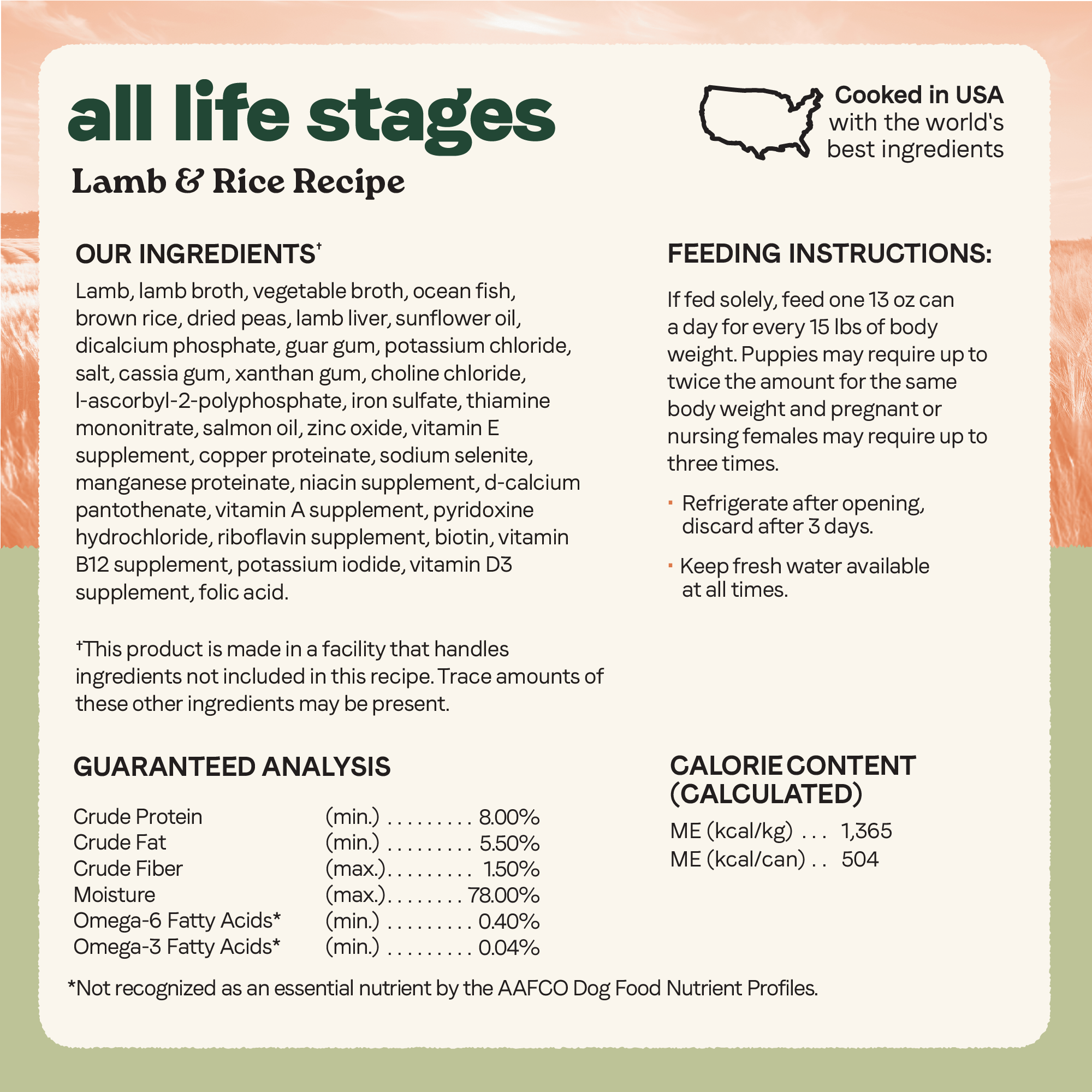 Canidae All Life Stages Lamb & Rice ingredients, feeding guide and guaranteed analysis, cooked in the USA