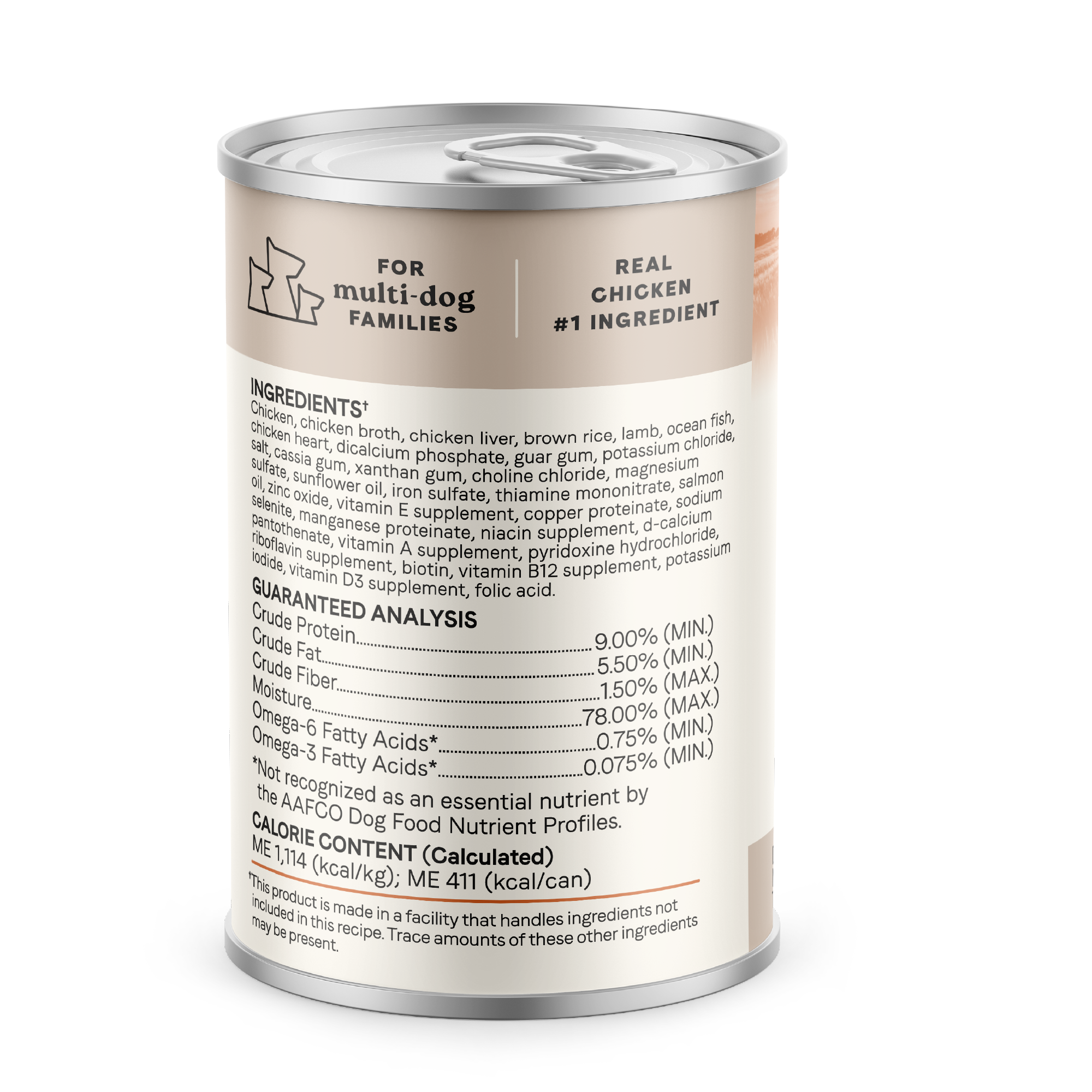 Back of the Canidae All Life Stages Multi-Protein can showing ingredients, guaranteed analysis and calorie content