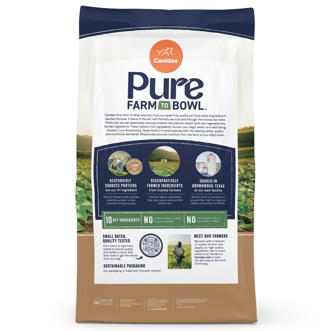 Canidae Pure Farm to Bowl Lamb and Sweet Potato back of the bag with product benefits