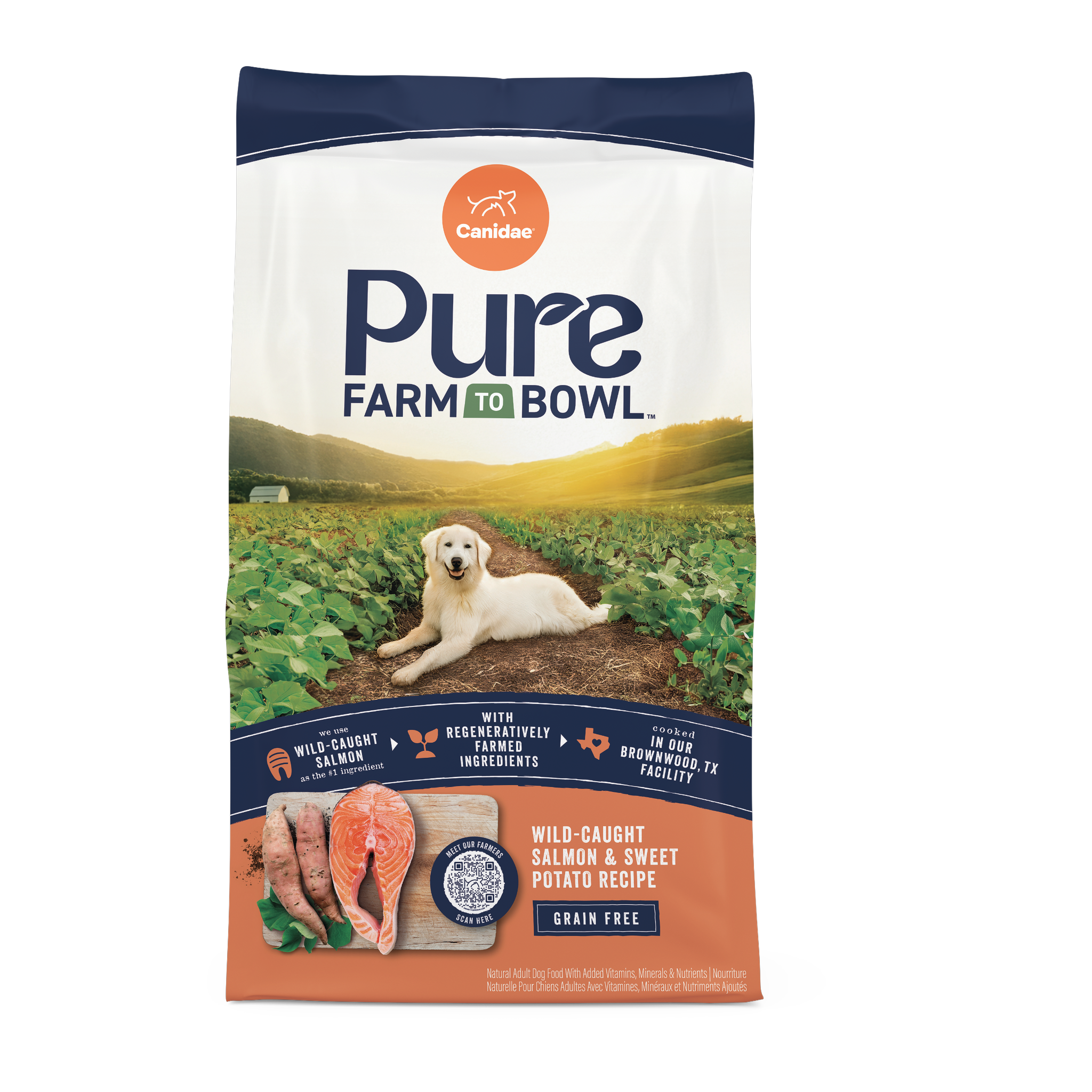 Canidae Pure Farm to Bowl Wild-Caught Salmon and Sweet Potato grain free dry dog food, front of the 22 lb bag