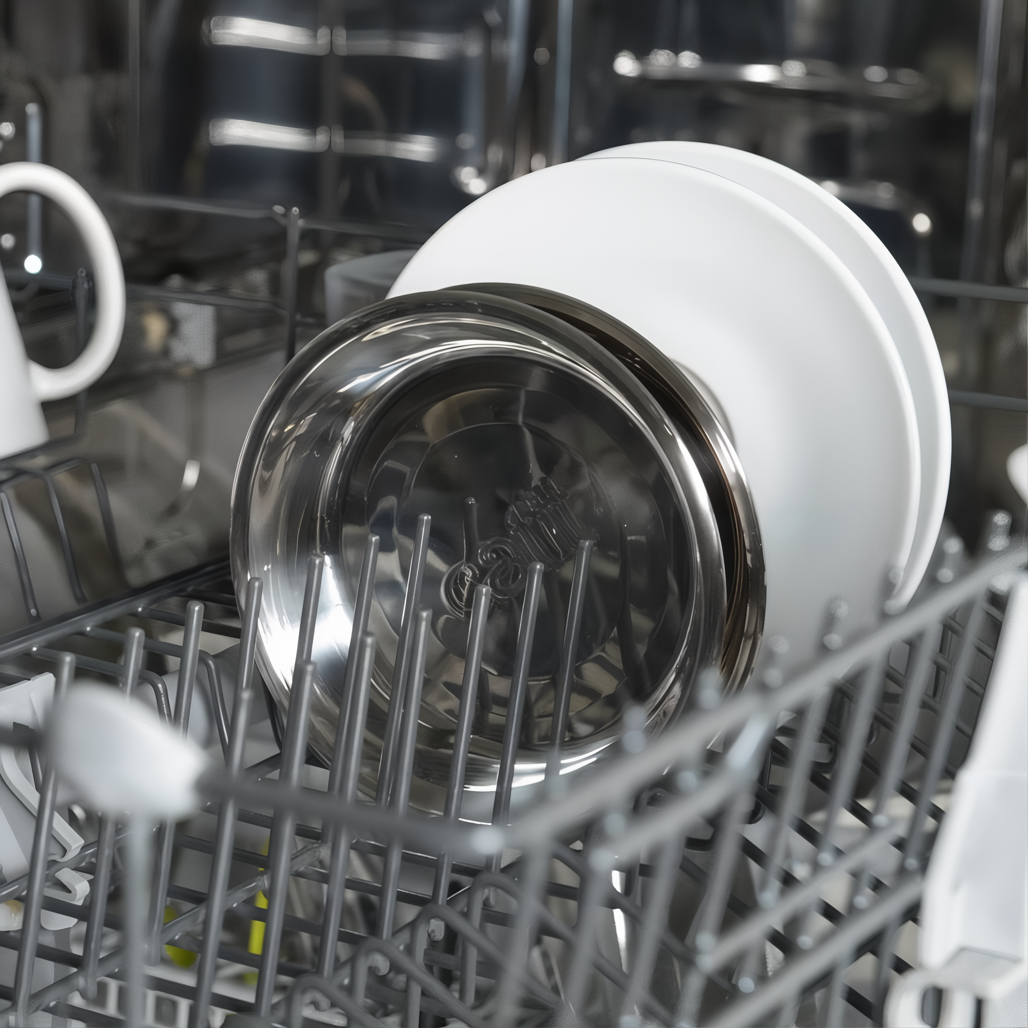 Catit PIXI Feeding Dish stainless steel dishes in a dishwasher rack, dishwasher safe