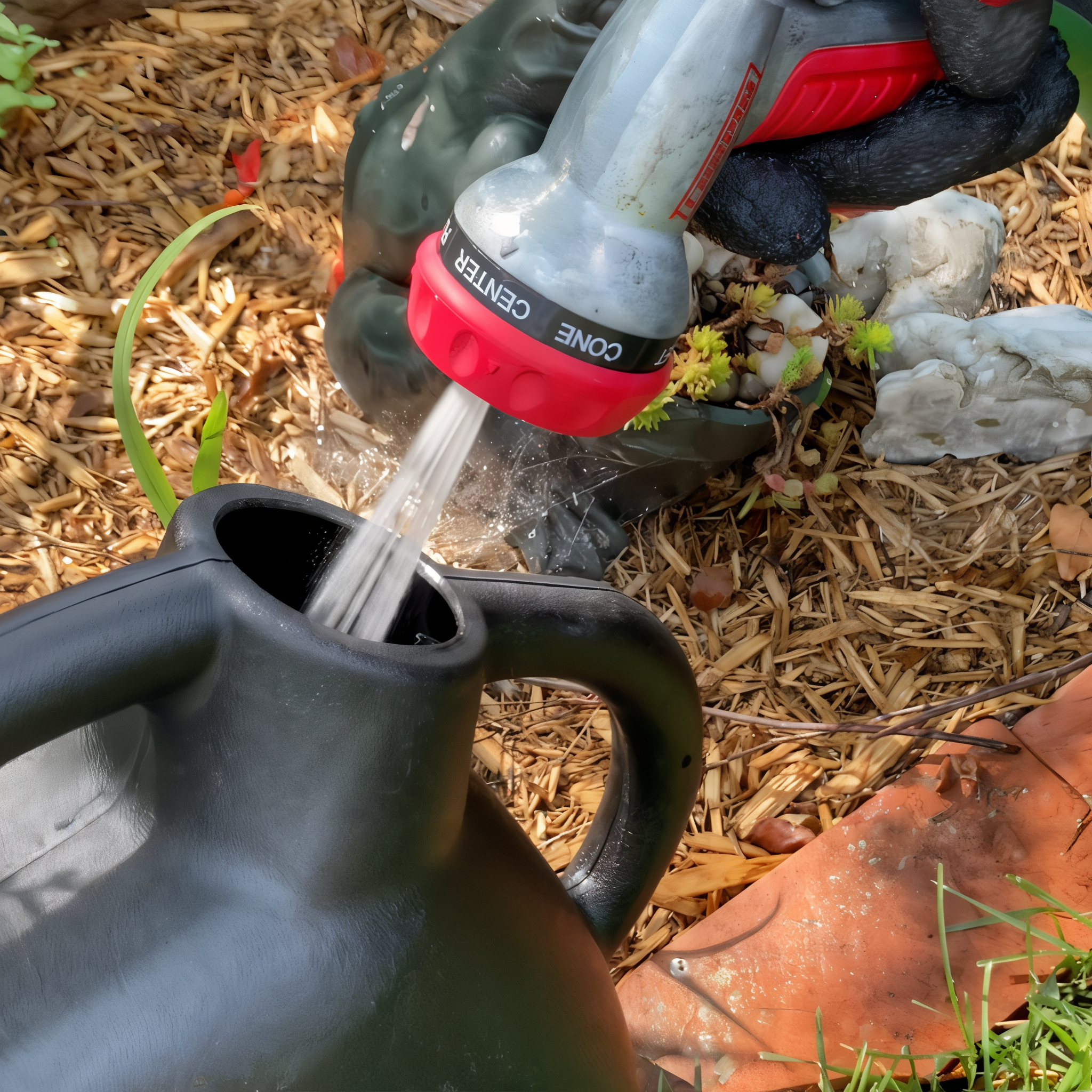 Chapin Tru-Stream 2-gallon watering can being filled with a Chapin garden hose nozzle outdoors