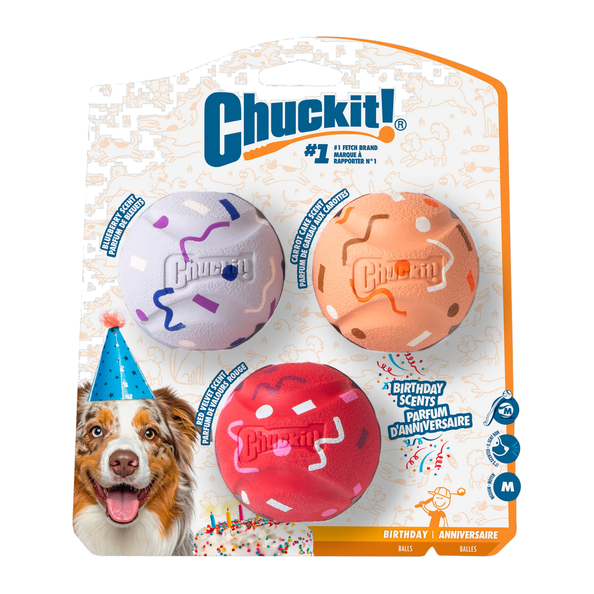 Chuckit! Birthday Fetch Medley Medium 3 Pack retail packaging front view