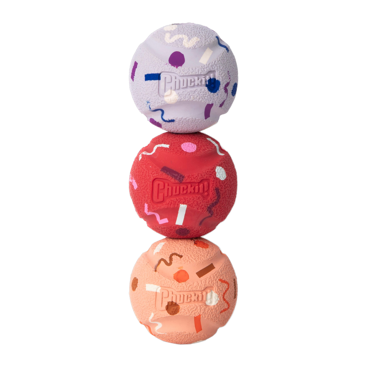 Chuckit! Birthday Fetch Medley small cake-scented fetch balls with embossed Chuckit! logo