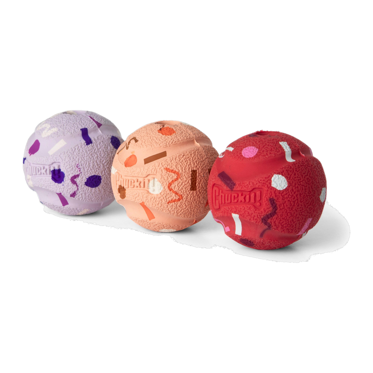 Chuckit! Birthday Fetch Medley small birthday dog balls angled view showing sprinkle pattern