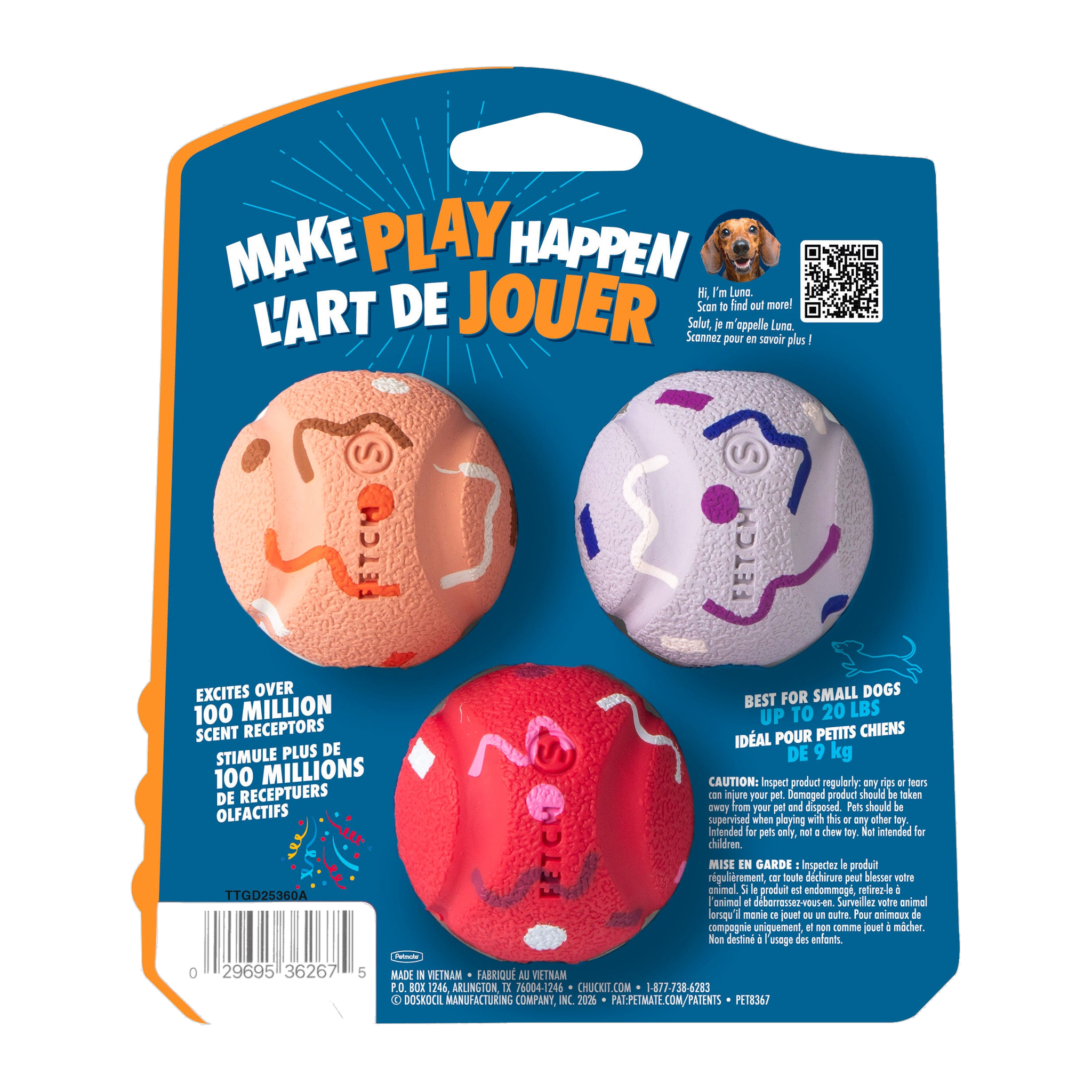 Chuckit! Birthday Fetch Medley Small packaging back with product details and dog size guide