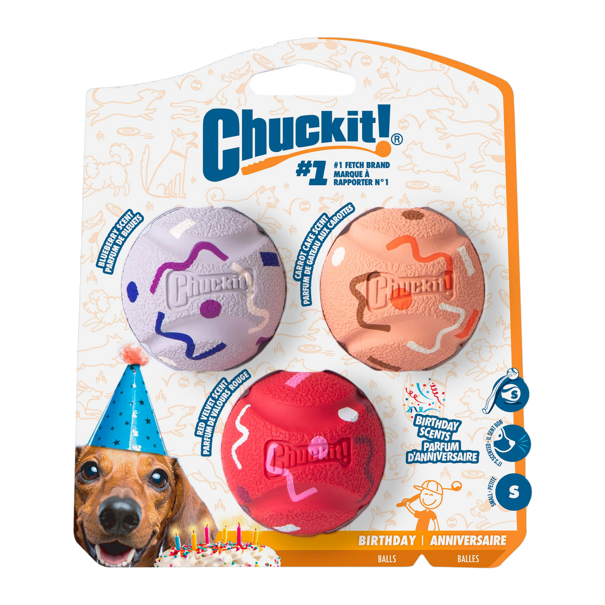 Chuckit! Birthday Fetch Medley Small 3 Pack retail packaging front view