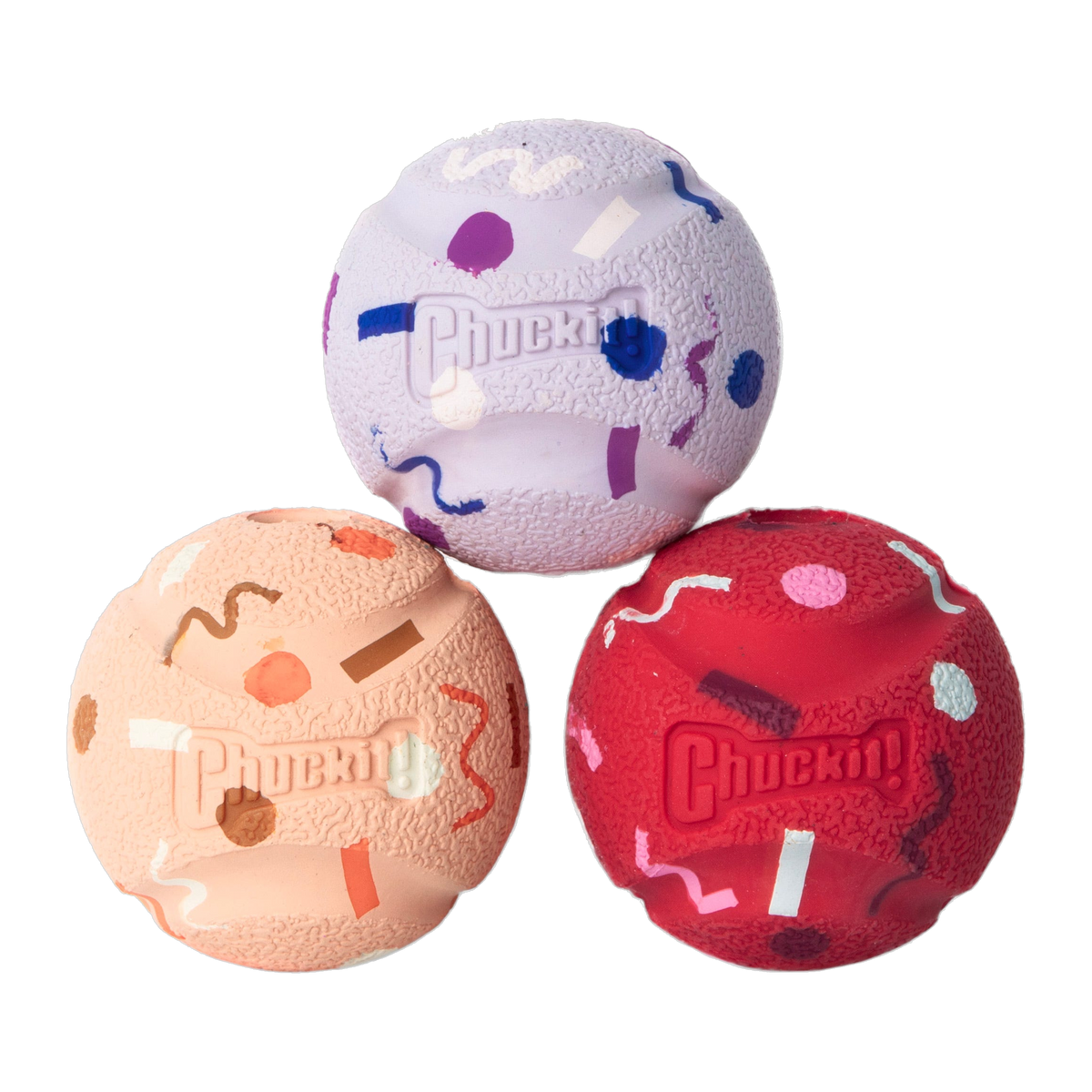 Chuckit! Birthday Fetch Medley three confetti rubber fetch balls in lavender, peach and red