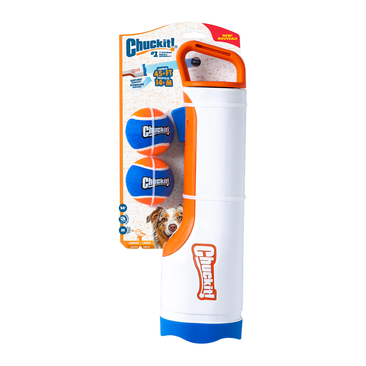 Chuckit! Cannon 16M dog ball launcher on retail card with two medium Cannon Balls