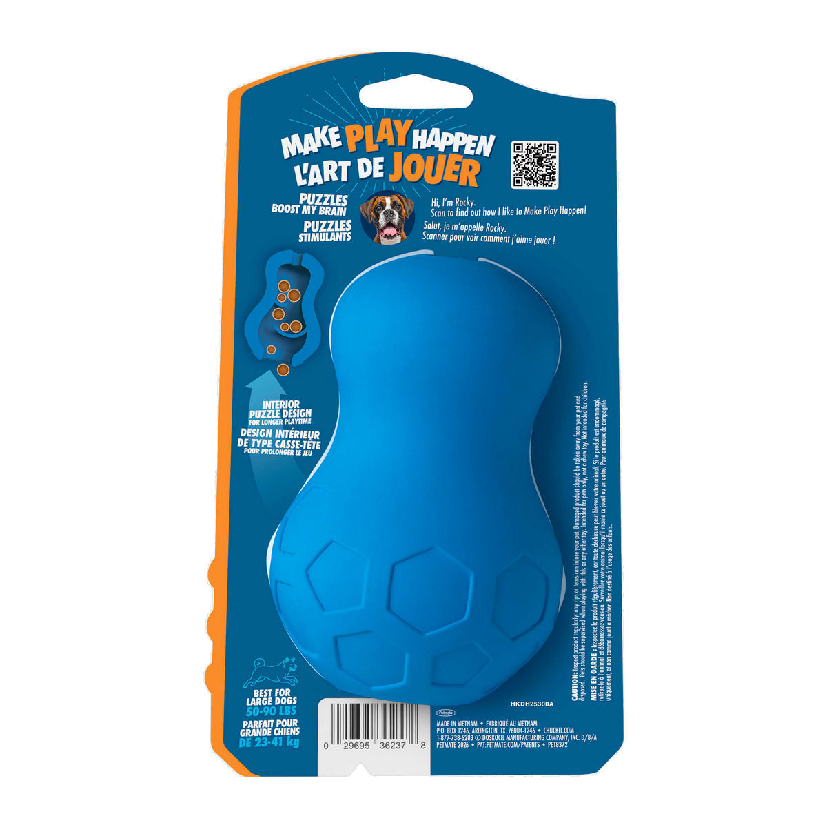Chuckit! Tumble Teez Large packaging back with treat puzzle details and care information