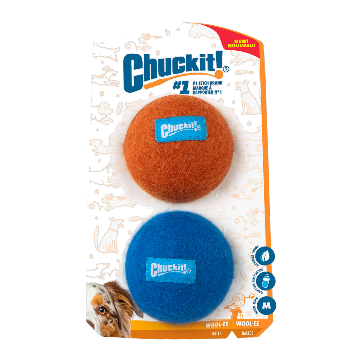 Chuckit Wool-ee Ball medium 2 pack in retail packaging