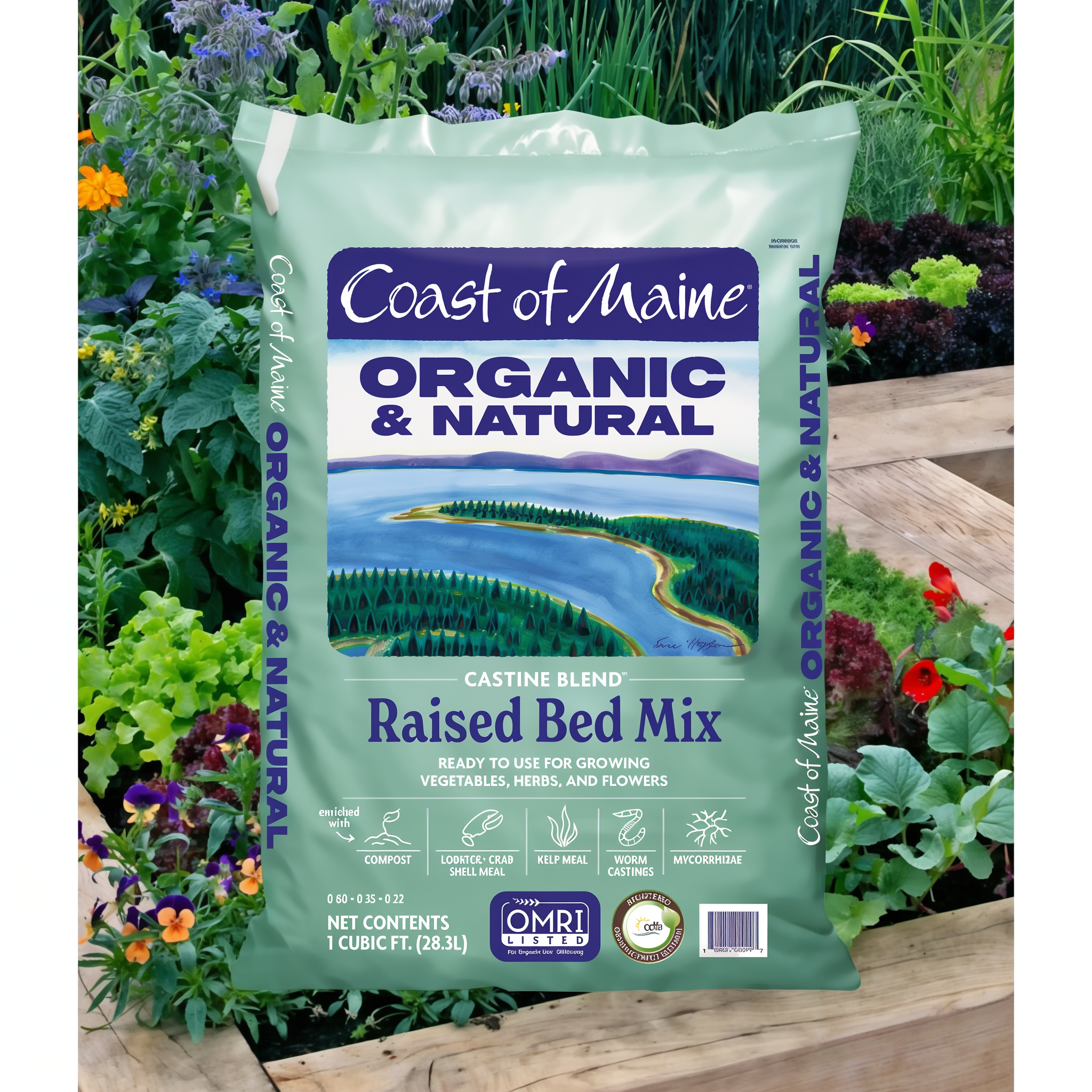 Coast of Maine Castine Blend Raised Bed Mix bag beside a planted raised garden bed full of vegetables and flowers
